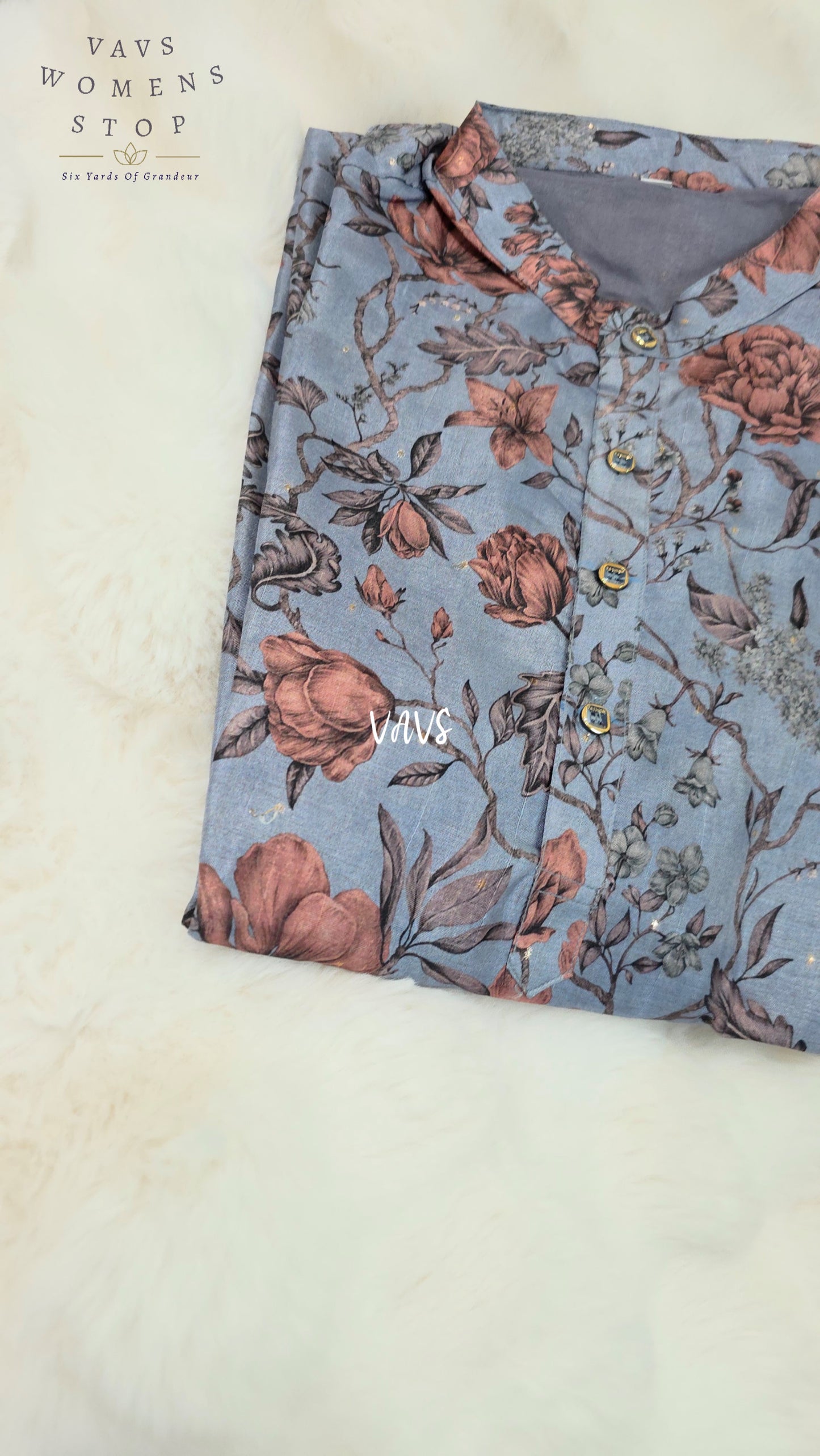 Men’s Powder Blue Tussar Silk Kalamkari Floral Kurta – XXL