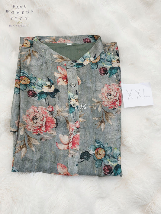Men’s Muted Sage Green Tussar Silk Kalamkari Floral Kurta – XXL