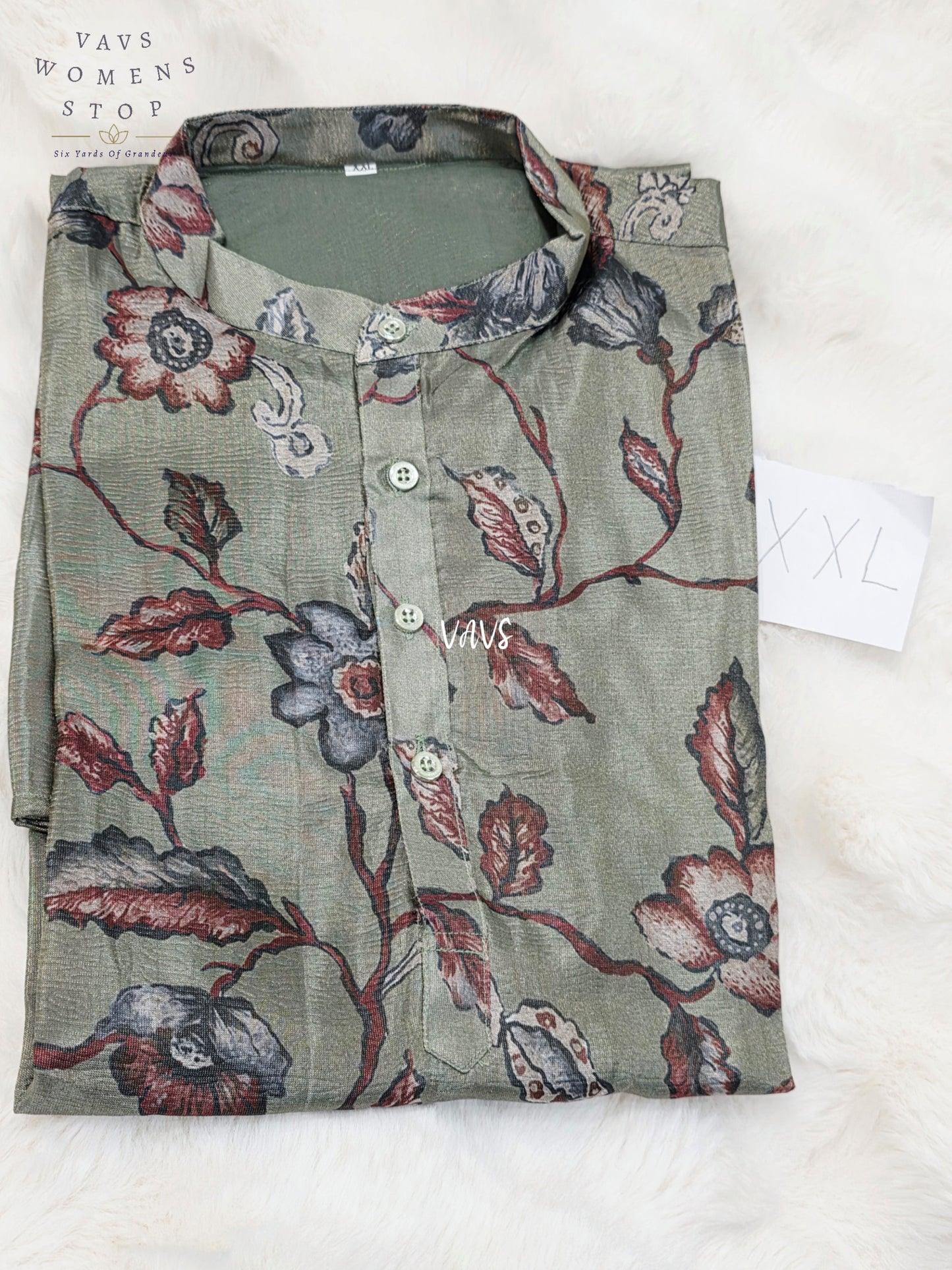 Men’s Sage Green Tissue Silk Kalamkari Floral Kurta – XXL