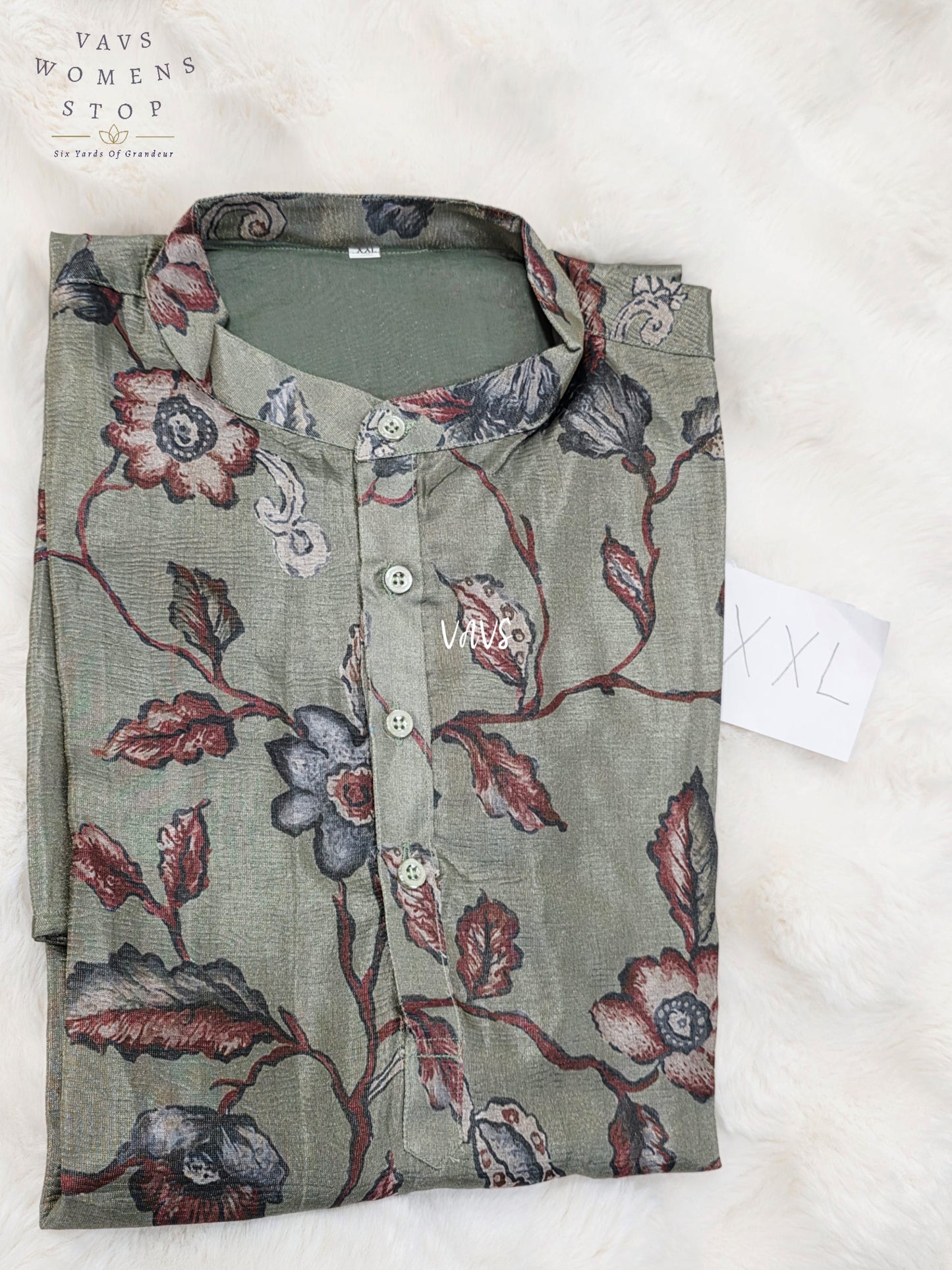 Men’s Sage Green Tissue Silk Kalamkari Floral Kurta – XXL