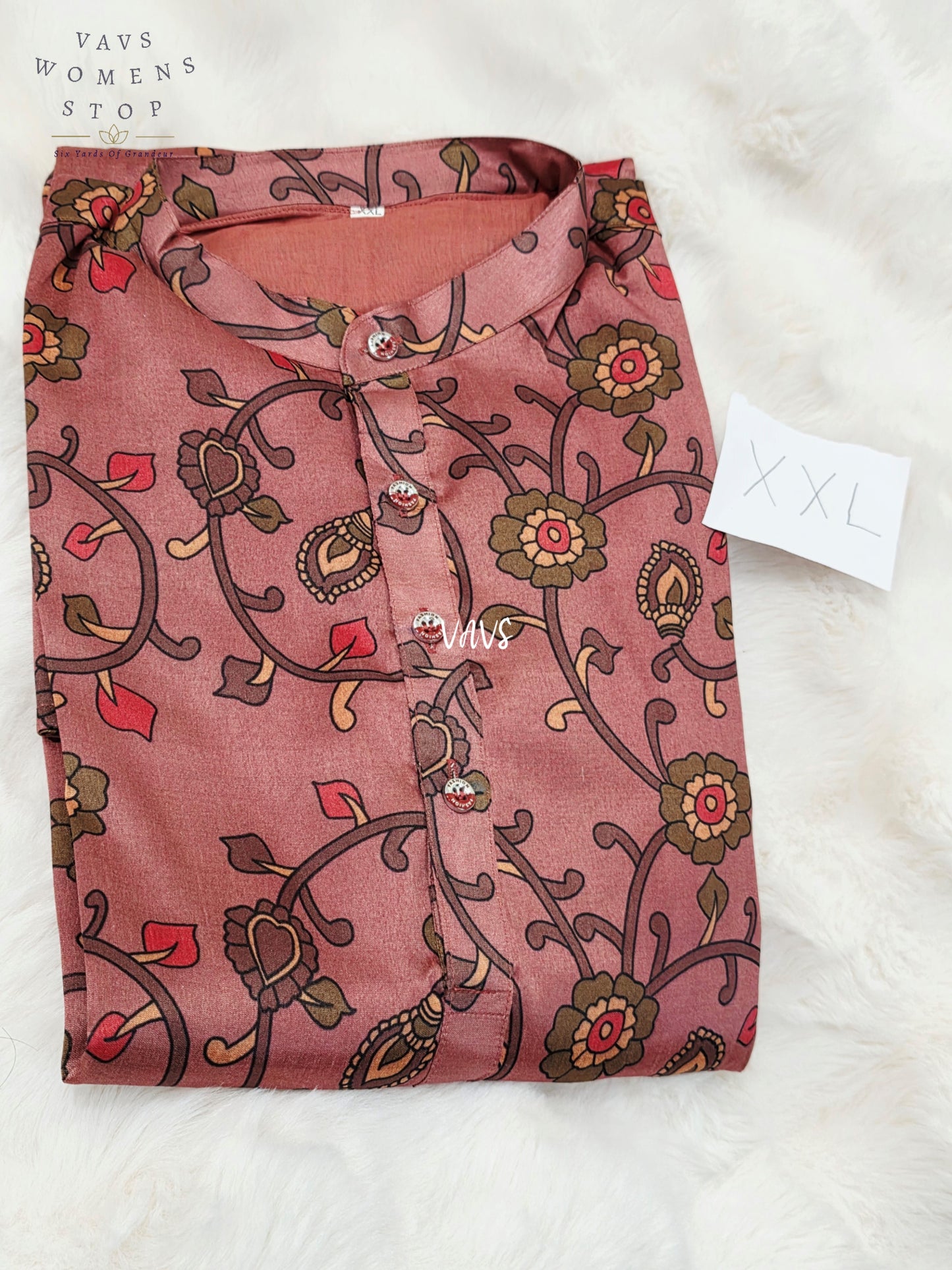 Men’s Dusty Rose Tussar Silk Kalamkari Floral Print Kurta – XXL