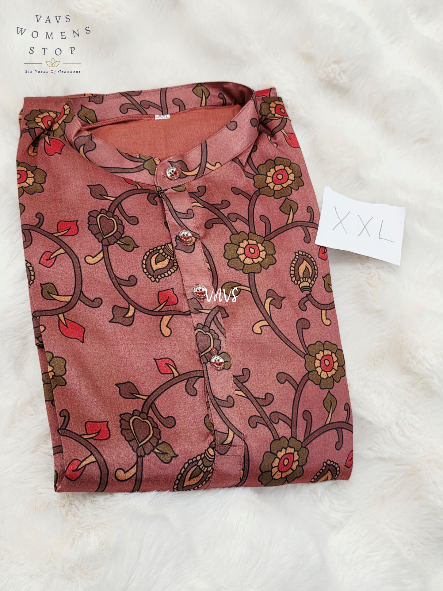 Men’s Dusty Rose Tussar Silk Kalamkari Floral Print Kurta – XXL