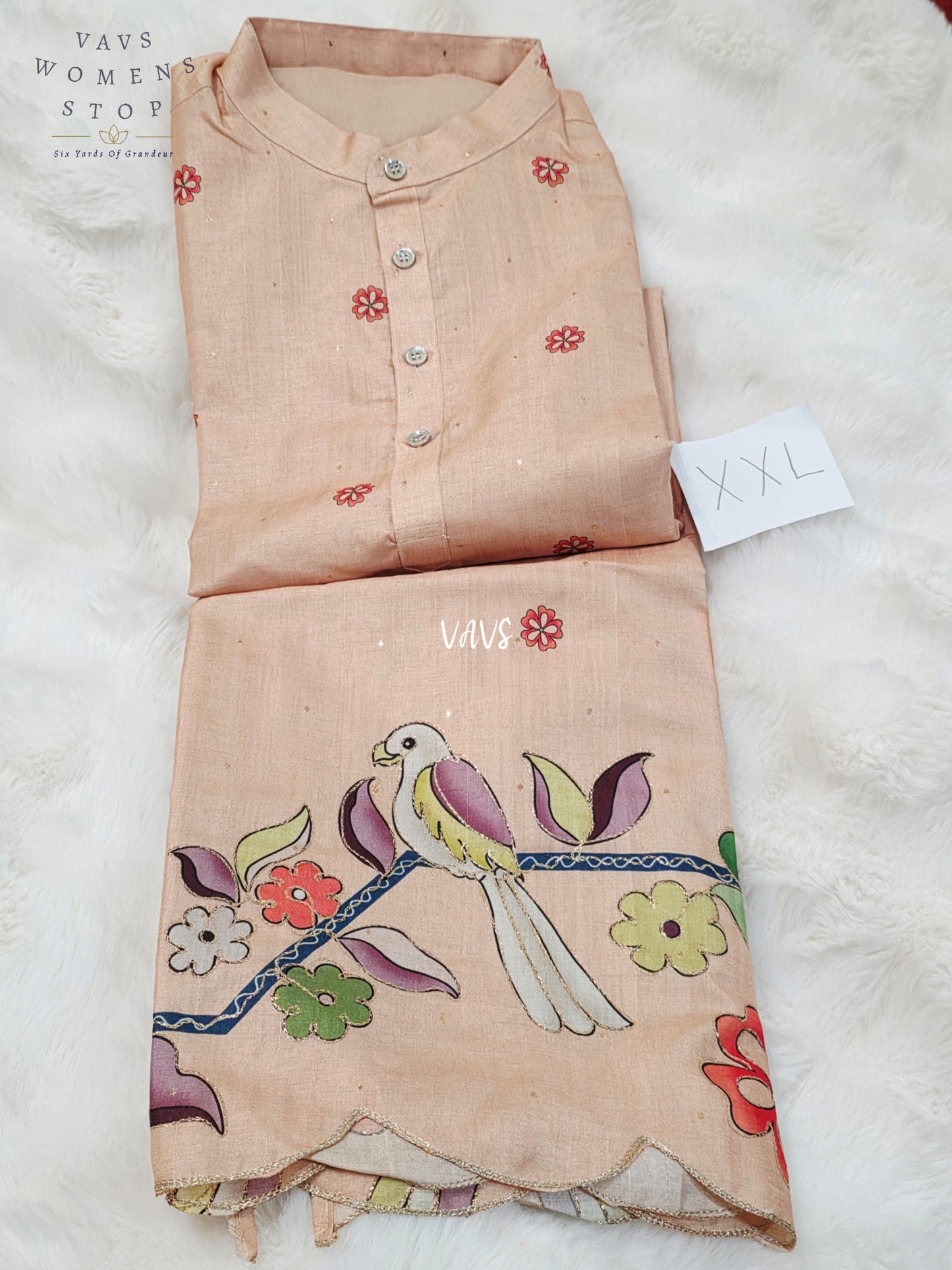 Regal Blush Peach Soft Tussar Silk Men’s Bird & Floral Embroidered Tailored Kurta – Size XXL