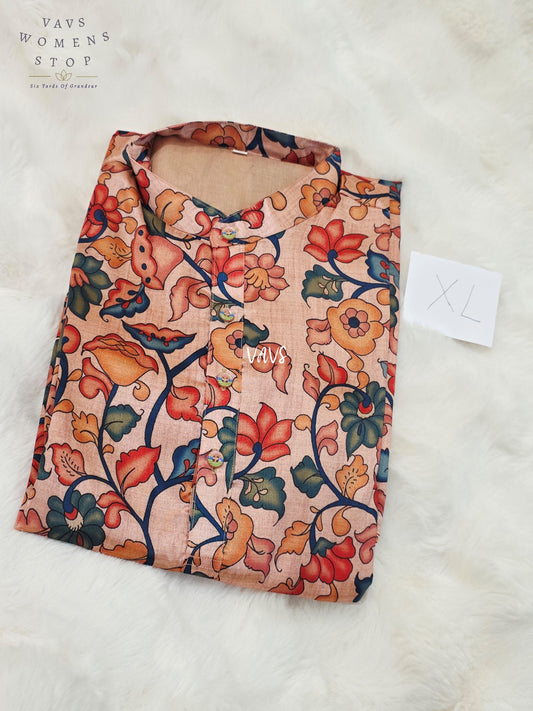 Men’s Soft Apricot Peach Tussar Silk Kalamkari Floral Kurta – XL