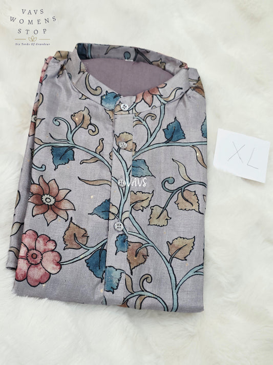 Men’s Lavender Mist Grey Tussar Silk Kalamkari Floral Kurta – XL