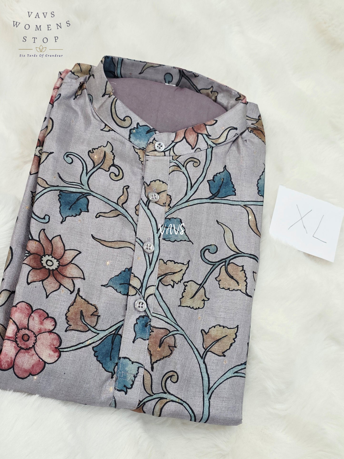 Men’s Lavender Mist Grey Tussar Silk Kalamkari Floral Kurta – XL