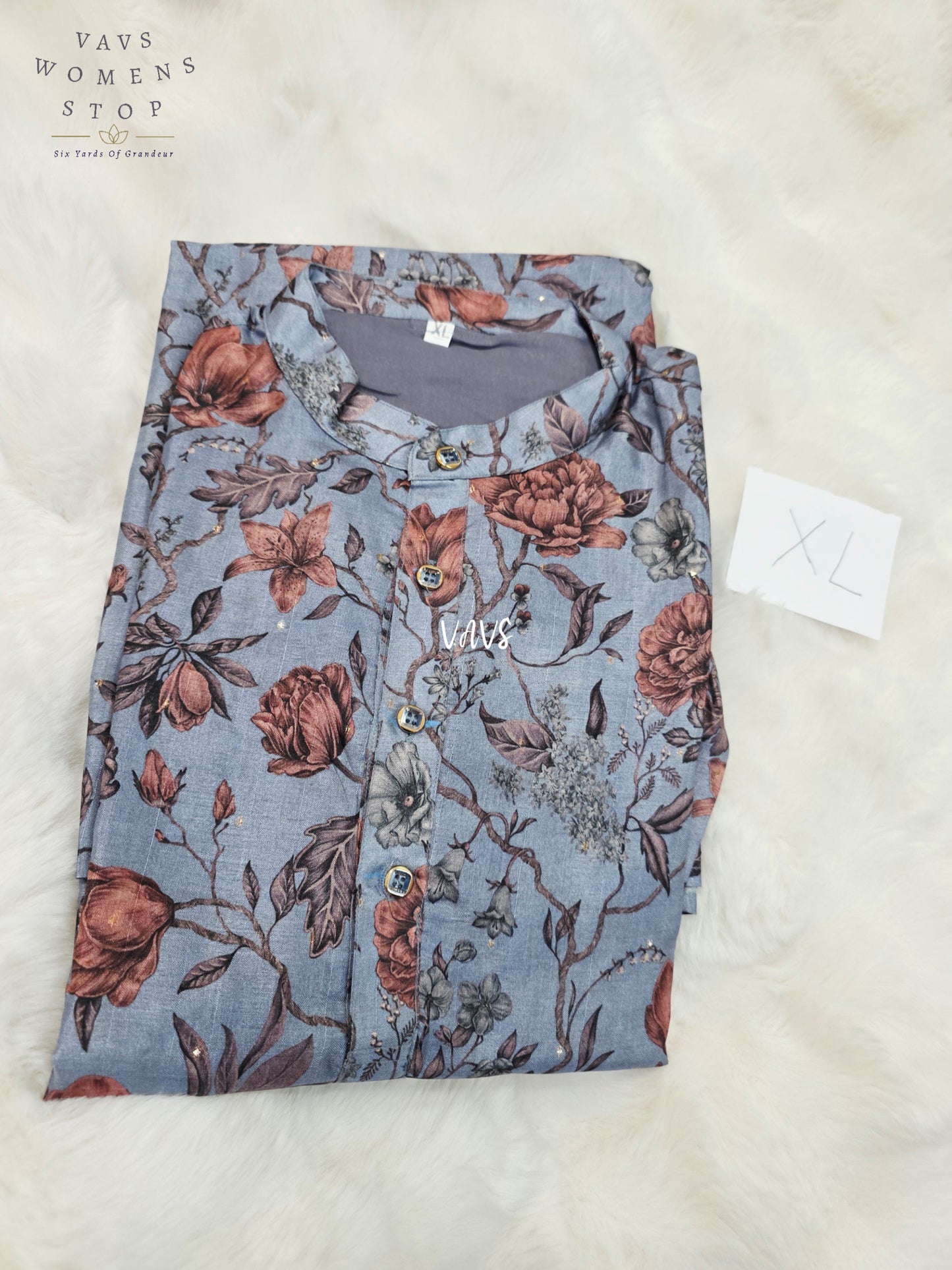 Men’s Powder Blue Tussar Silk Kalamkari Floral Kurta – XL
