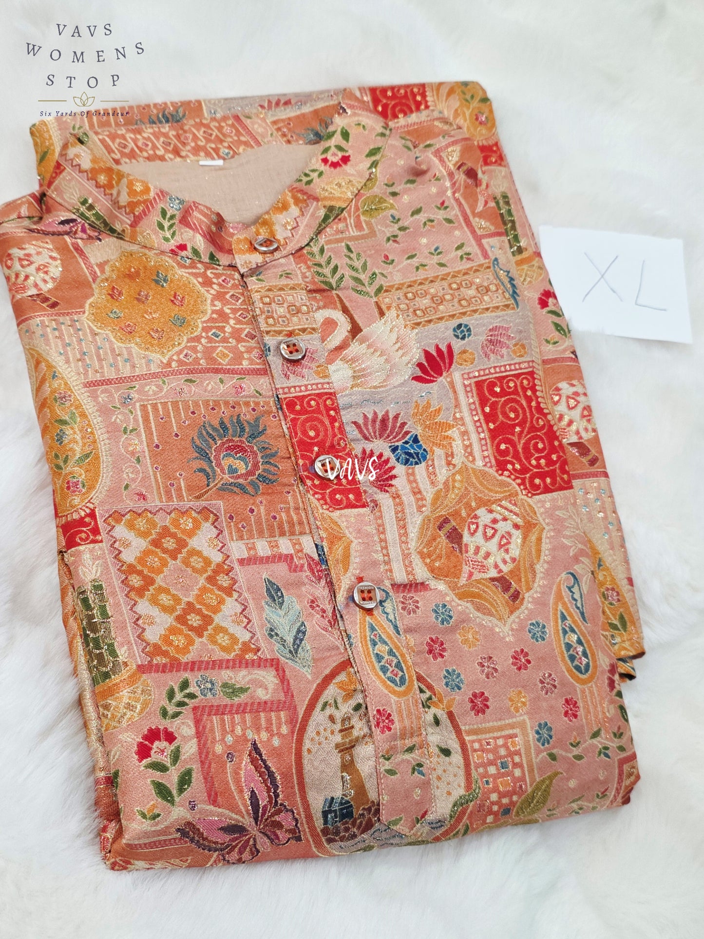 Men’s Champagne Peach Premium Benarasi Silk Heritage Print Kurta – XL