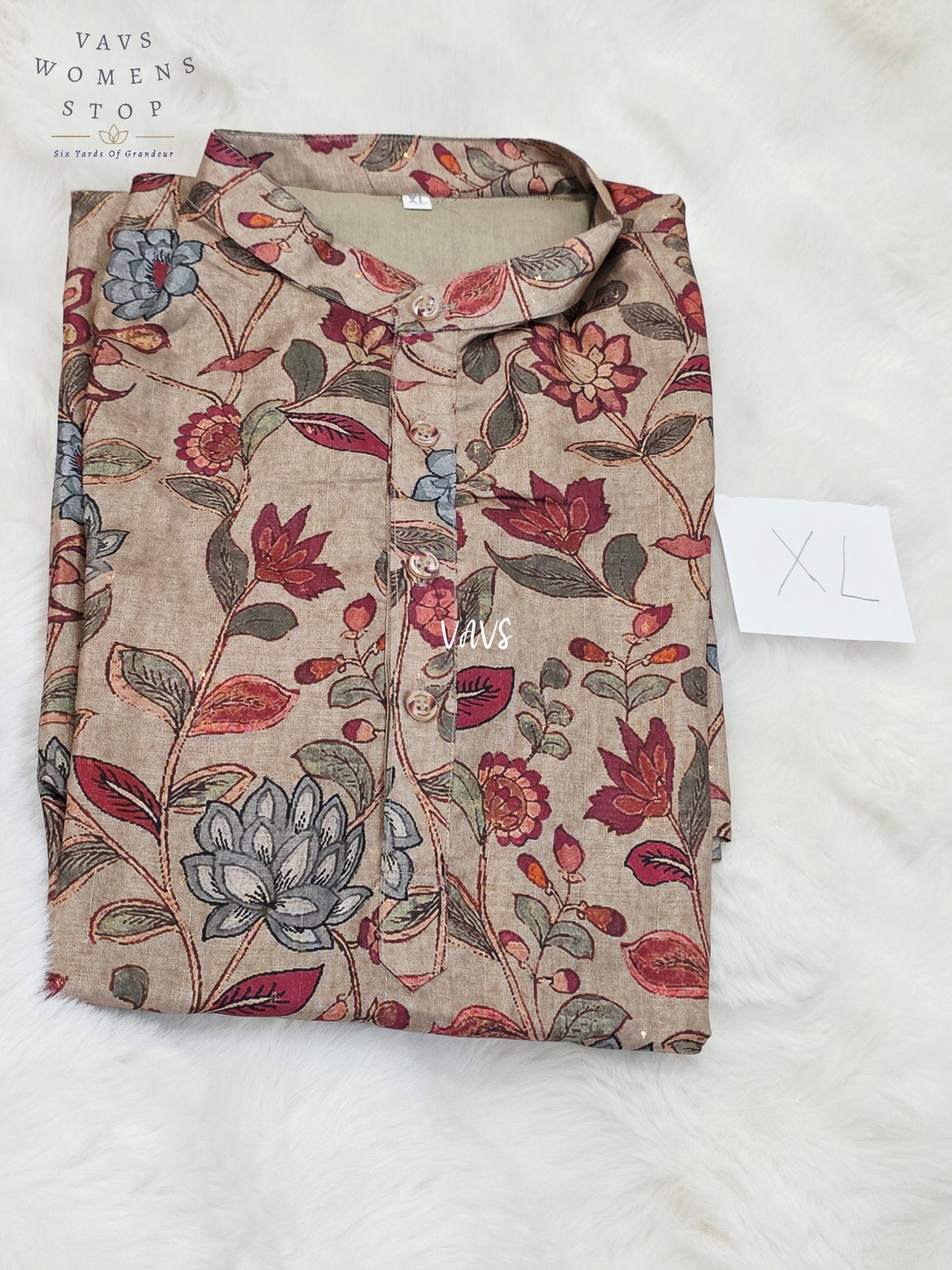 Men’s Antique Champagne Taupe Tussar Silk Kalamkari Floral Kurta – XL