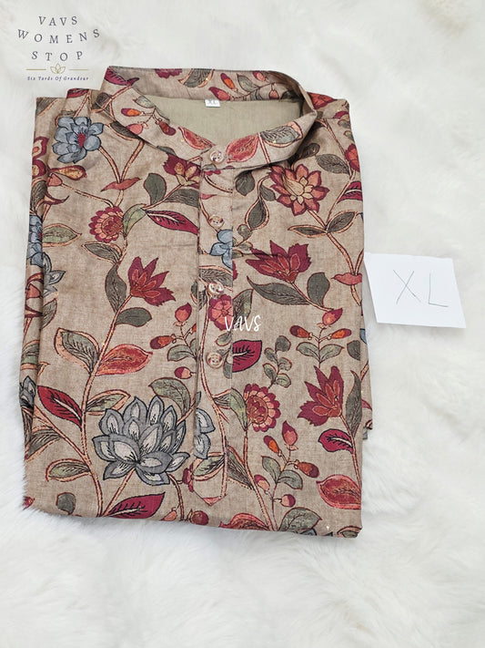 Men’s Antique Champagne Taupe Tussar Silk Kalamkari Floral Kurta – XL