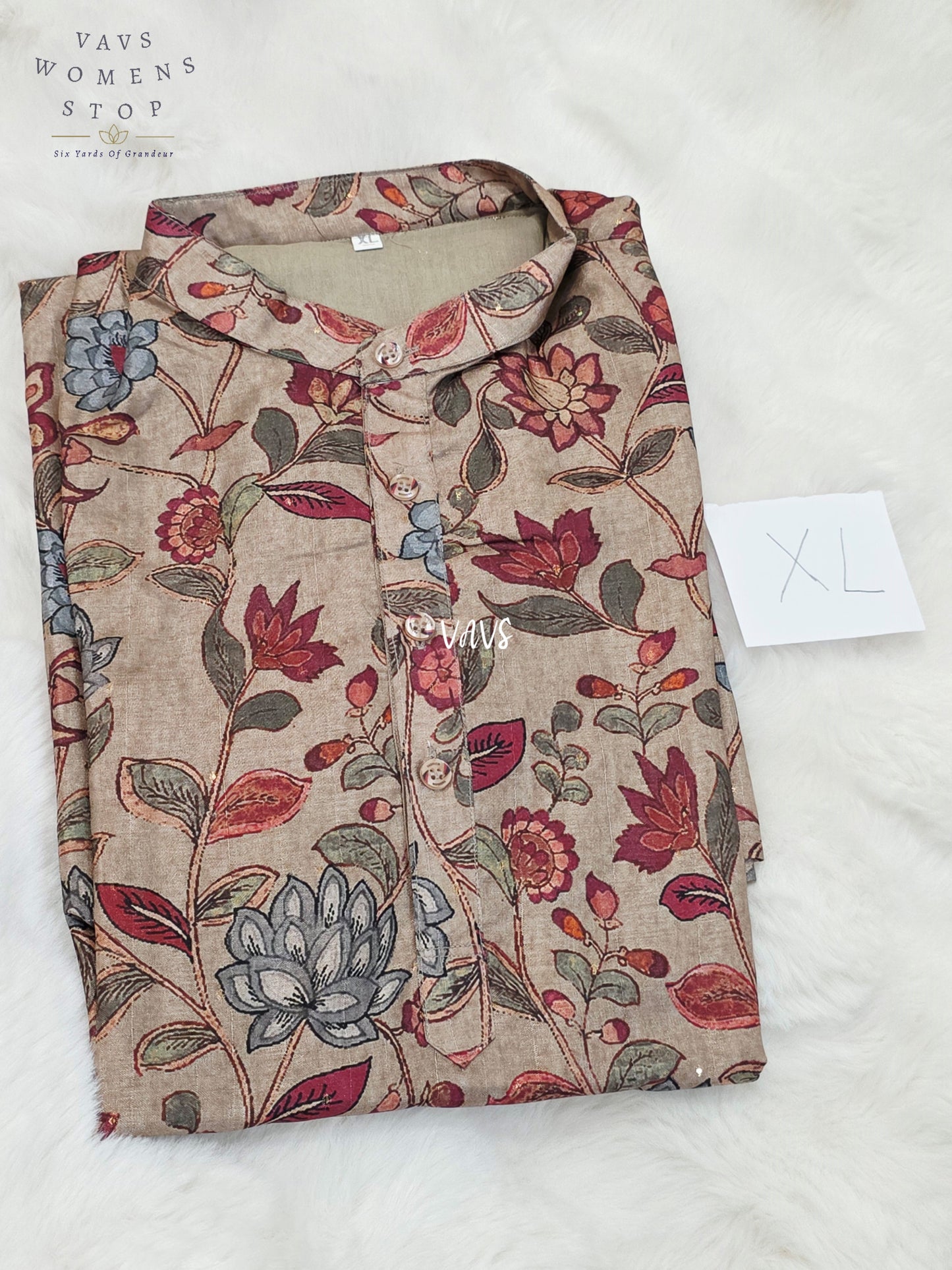 Men’s Antique Champagne Taupe Tussar Silk Kalamkari Floral Kurta – XL