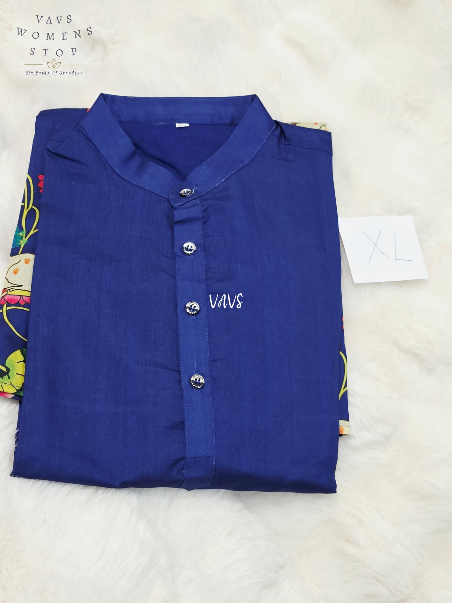 Royal Cobalt Navy Kalamkari Tussar Silk Pichwai Cow Men’s Tailored Kurta – Size XL