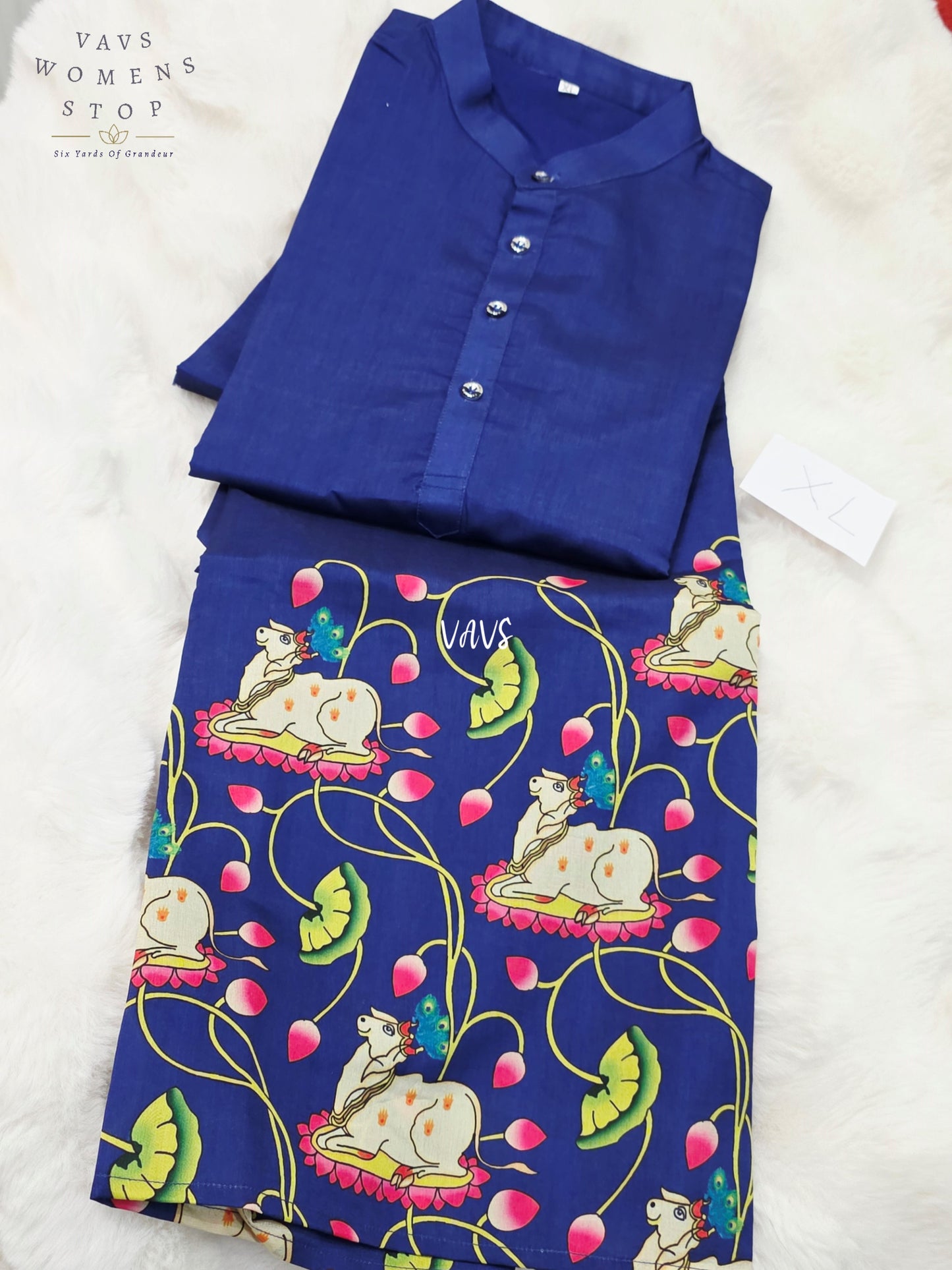 Royal Cobalt Navy Kalamkari Tussar Silk Pichwai Cow Men’s Tailored Kurta – Size XL