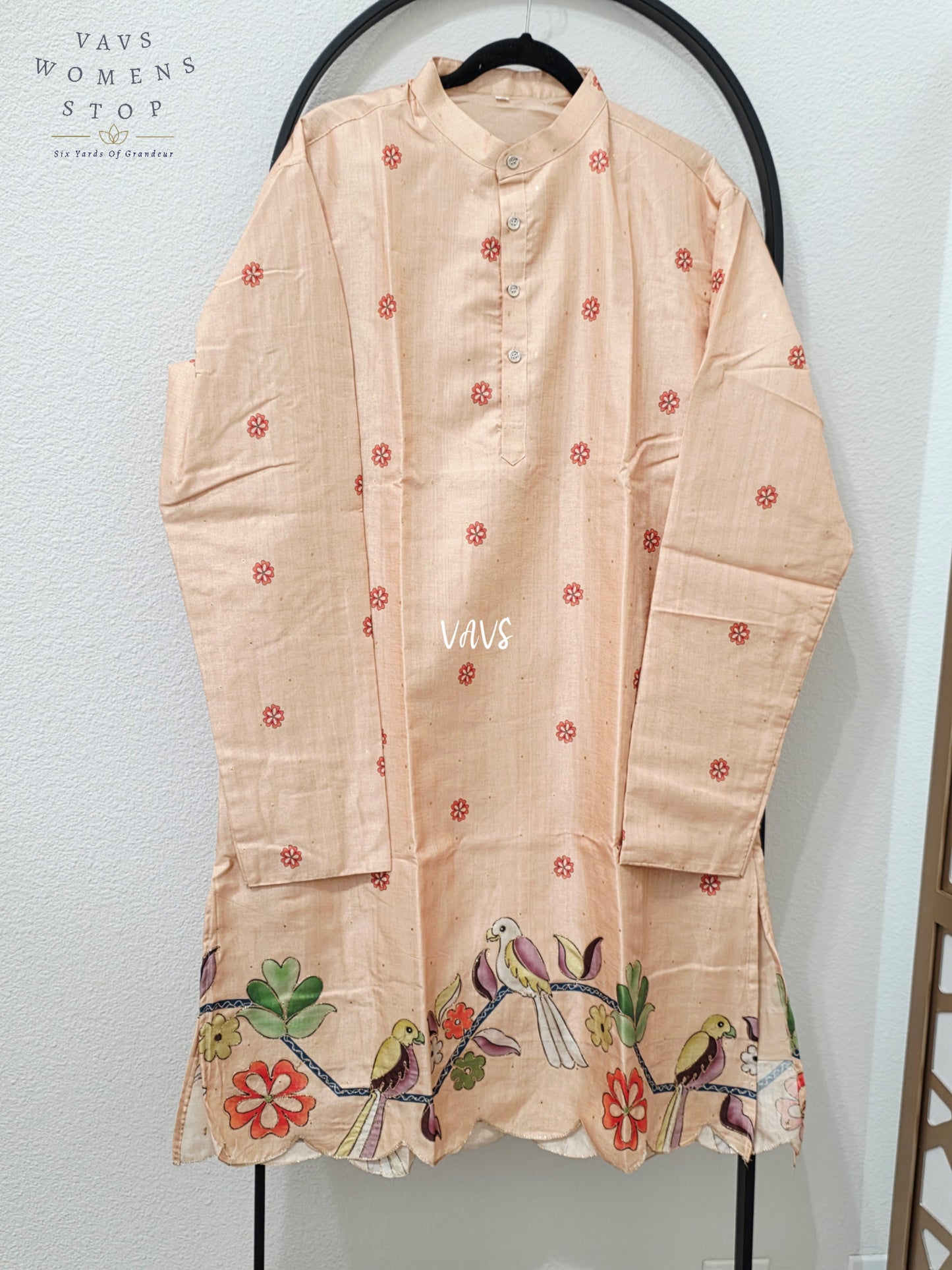 Regal Blush Peach Soft Tussar Silk Men’s Bird & Floral Embroidered Tailored Kurta – Size XXL