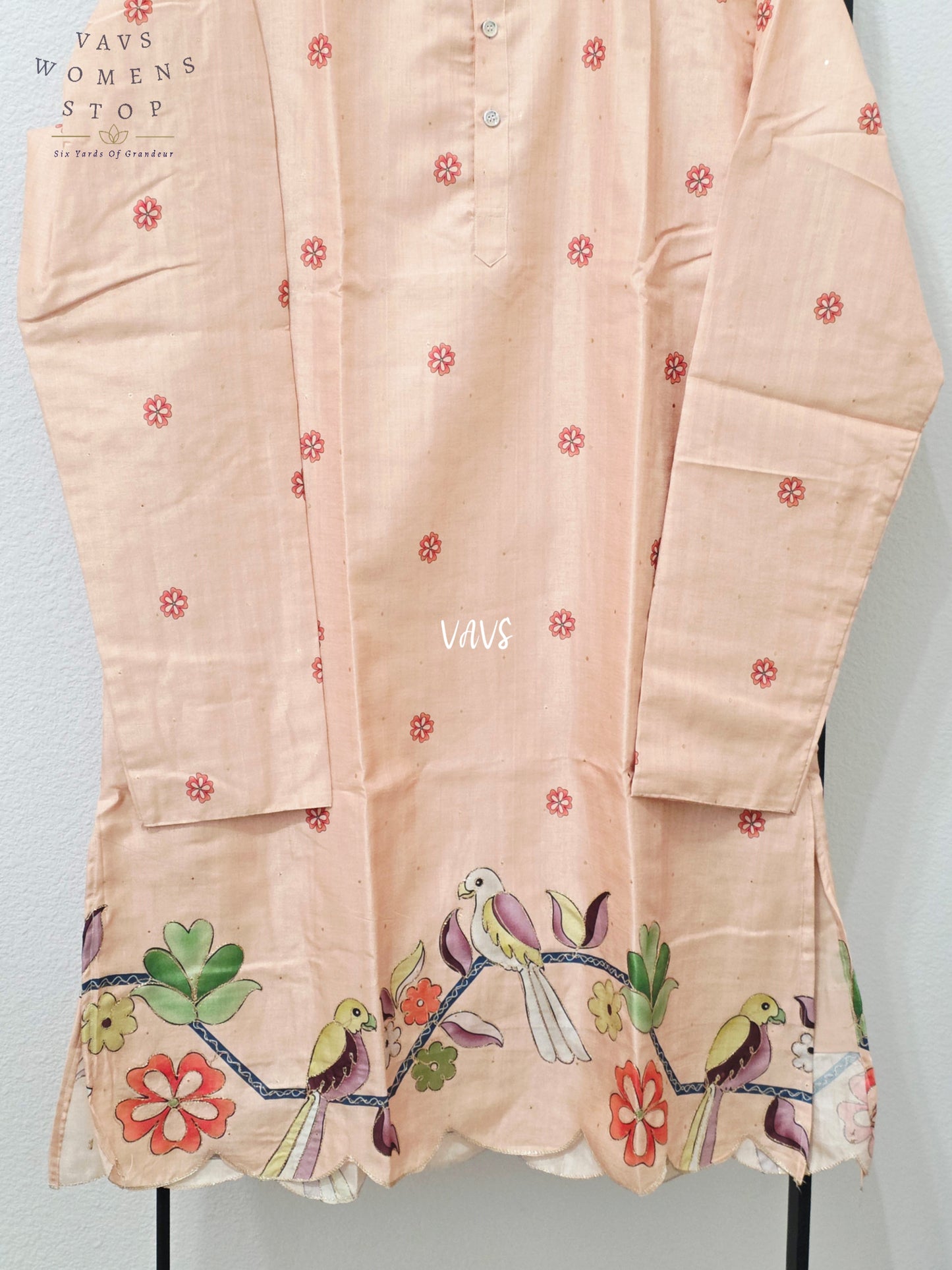 Regal Blush Peach Soft Tussar Silk Men’s Bird & Floral Embroidered Tailored Kurta – Size XXL