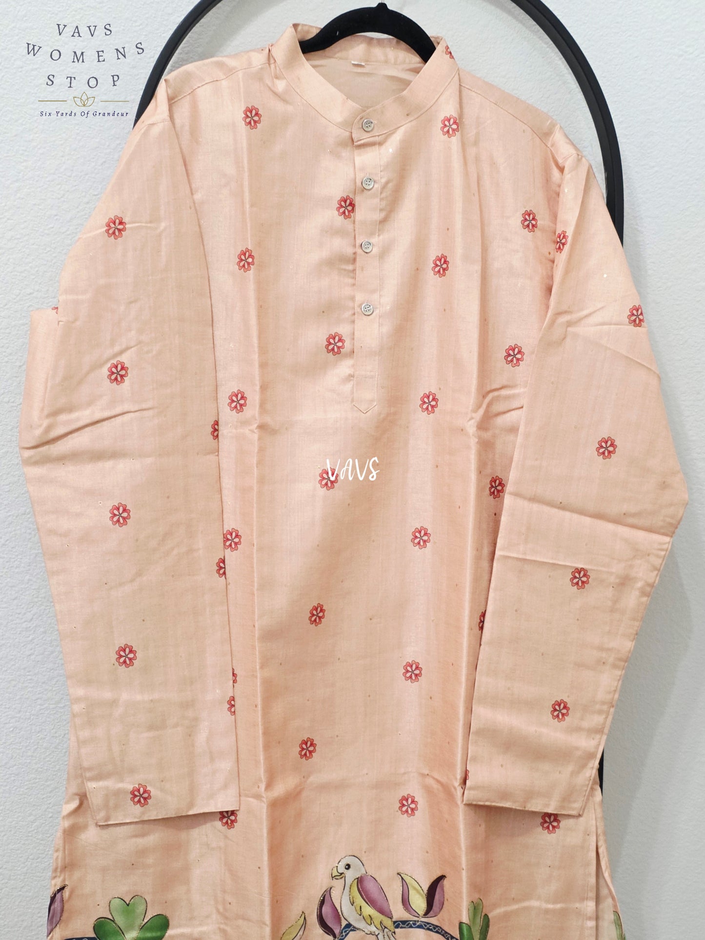 Regal Blush Peach Soft Tussar Silk Men’s Bird & Floral Embroidered Tailored Kurta – Size XXL