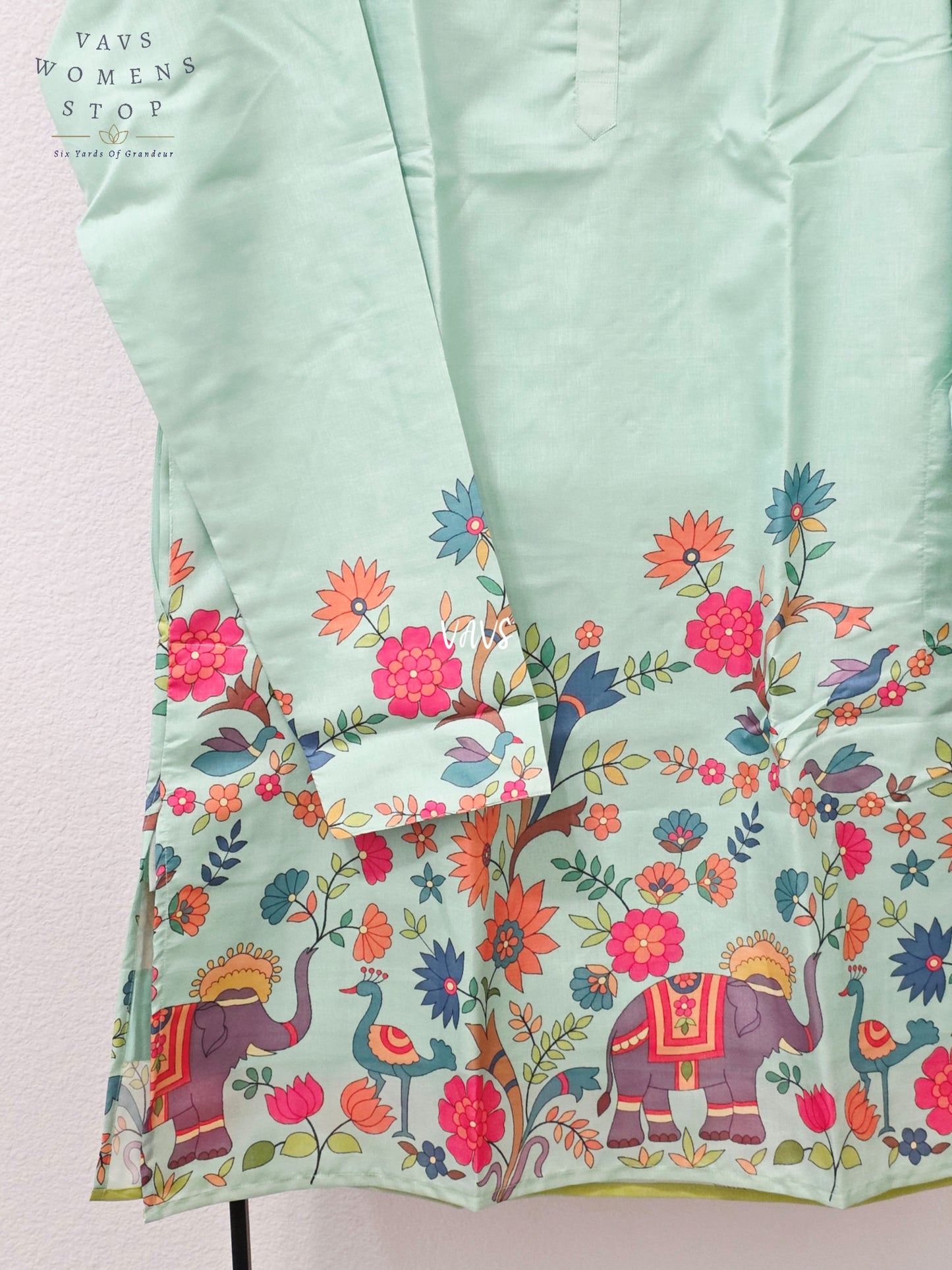 Regal Mint Green Tussar Silk Elephant, Peacock & Floral Print Men’s Tailored Kurta – Size XXL