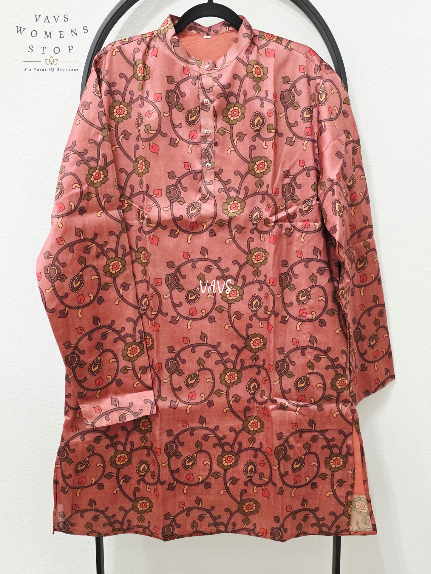 Men’s Dusty Rose Tussar Silk Kalamkari Floral Print Kurta – XXL