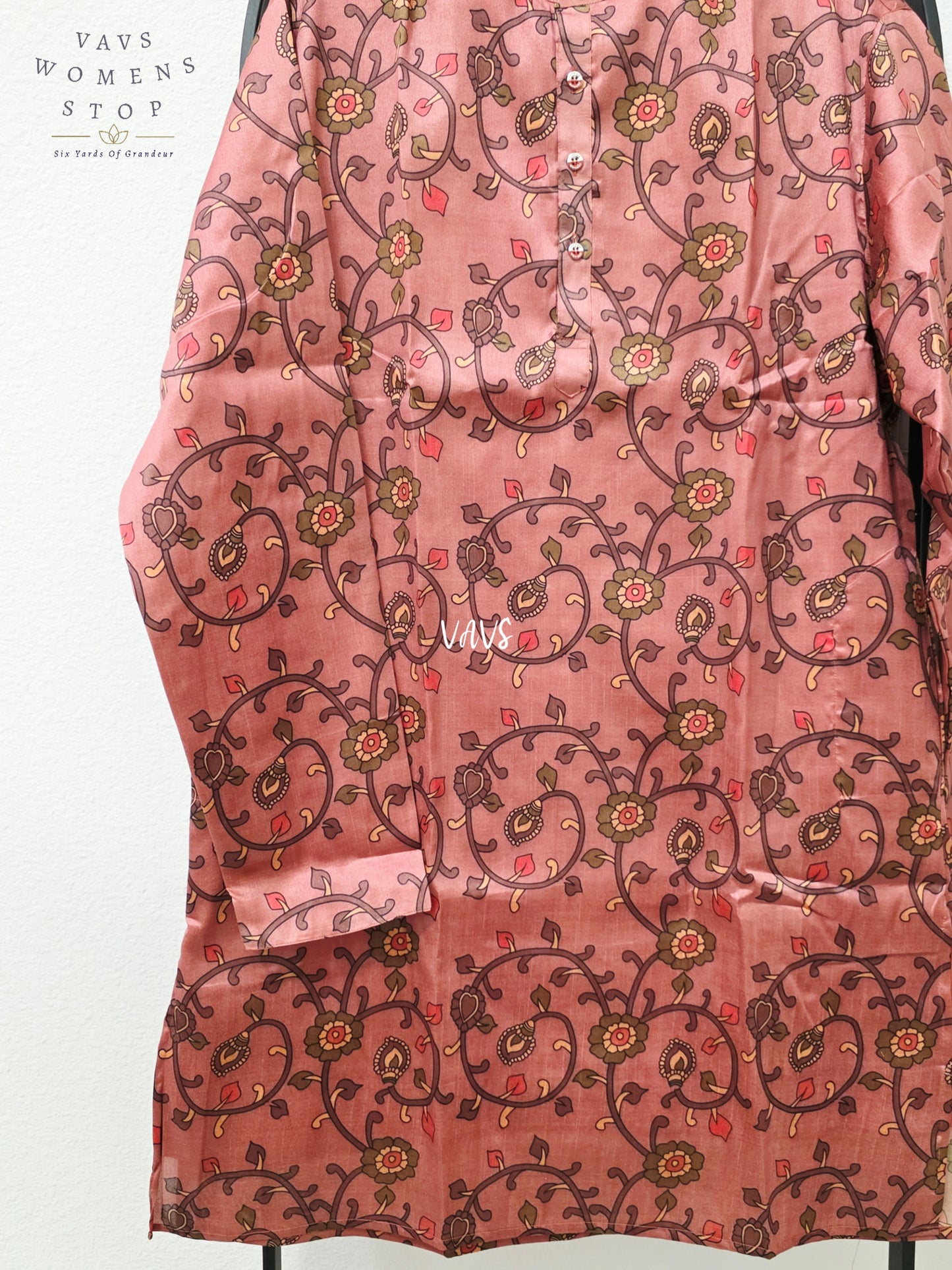 Men’s Dusty Rose Tussar Silk Kalamkari Floral Print Kurta – XXL