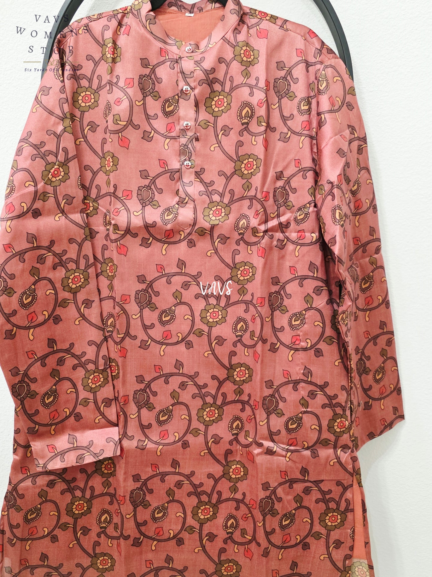 Men’s Dusty Rose Tussar Silk Kalamkari Floral Print Kurta – XXL