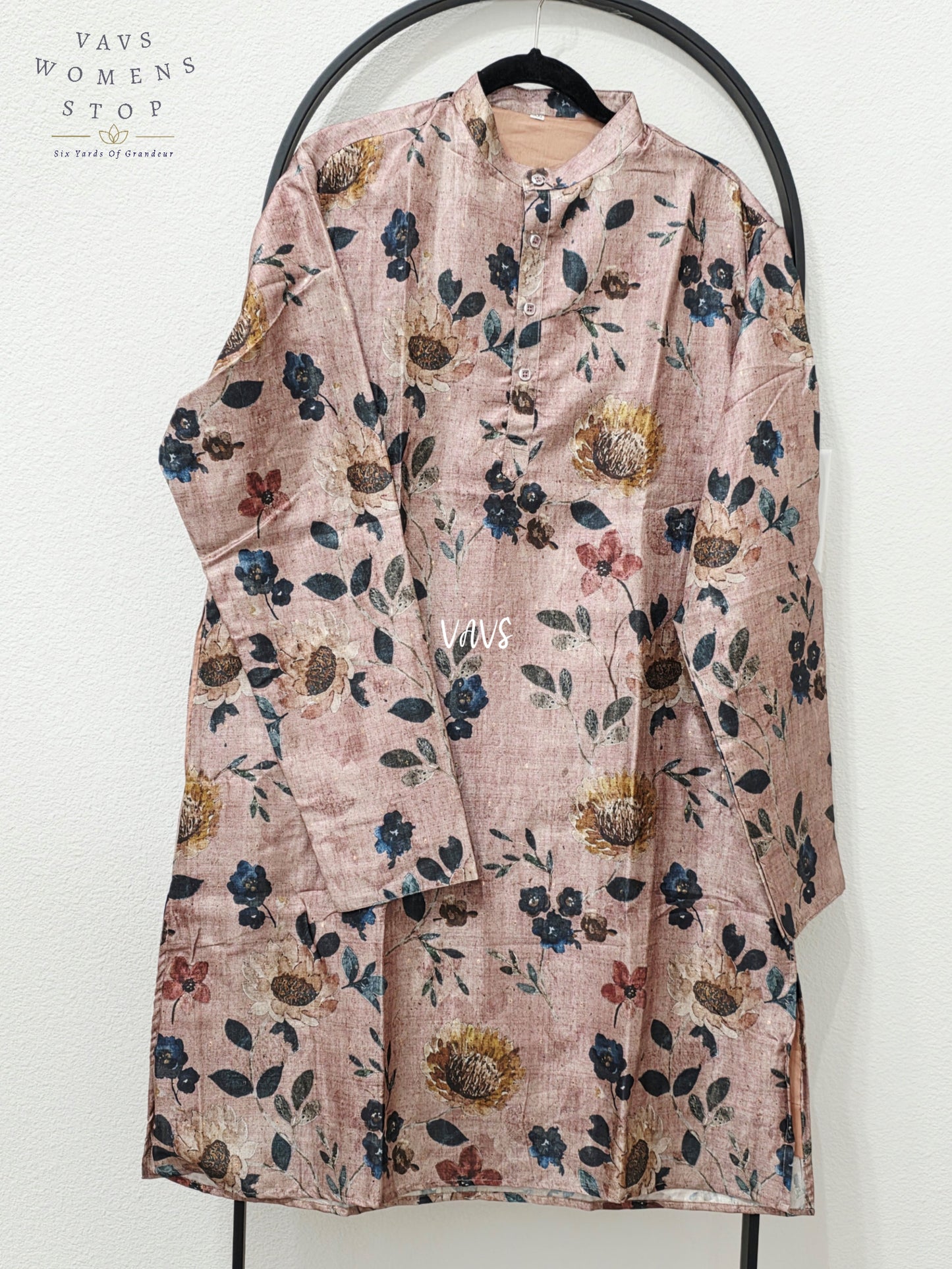 Men’s Antique Mauve Tussar Silk Kalamkari Botanical Kurta – XXL