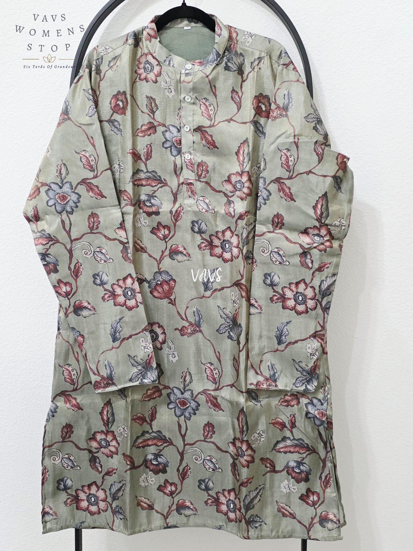 Men’s Sage Green Tissue Silk Kalamkari Floral Kurta – XXL