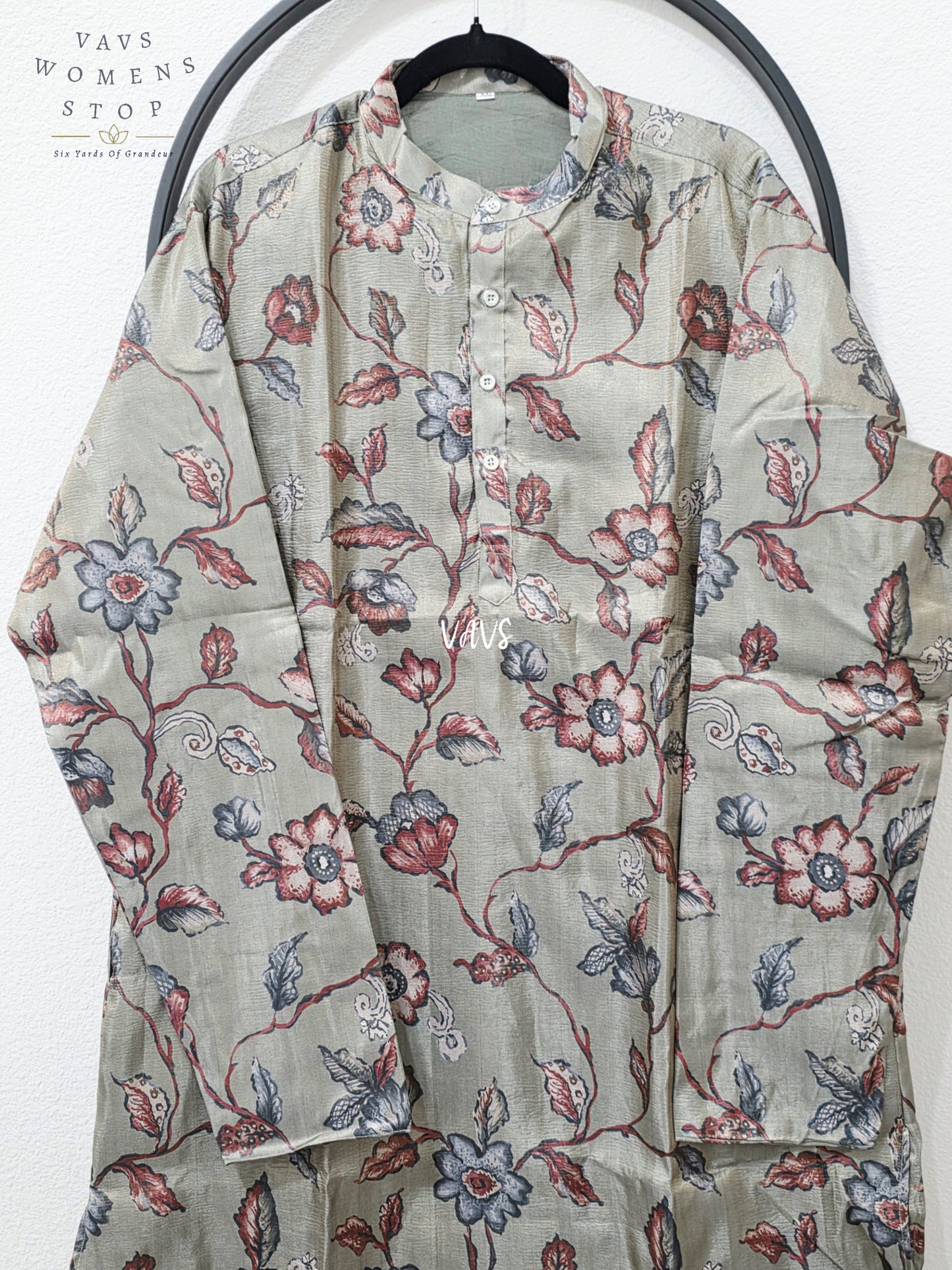 Men’s Sage Green Tissue Silk Kalamkari Floral Kurta – XXL