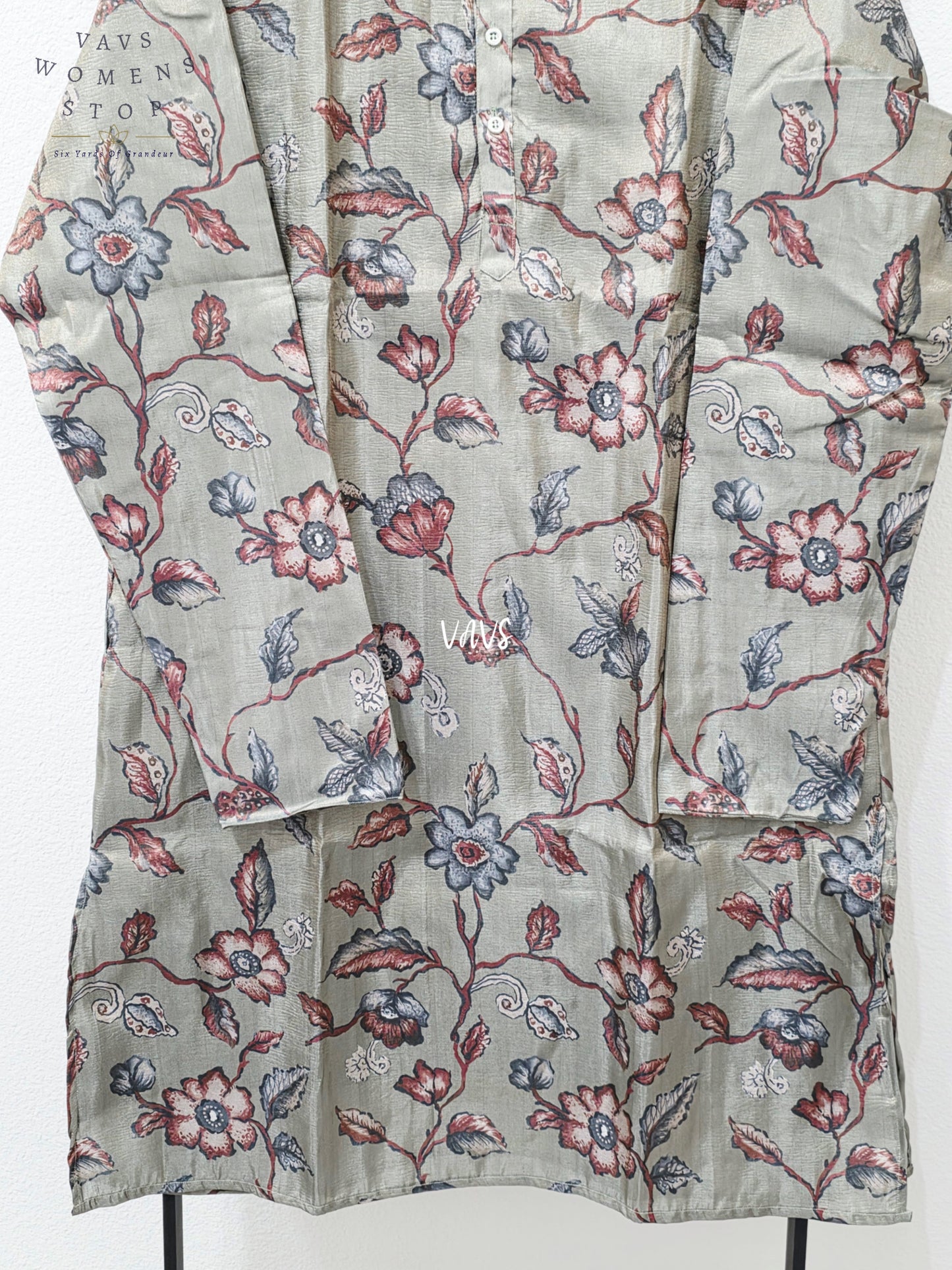 Men’s Sage Green Tissue Silk Kalamkari Floral Kurta – XXL