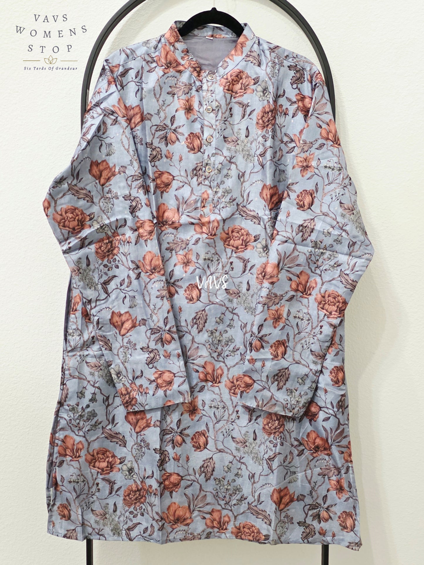 Men’s Powder Blue Tussar Silk Kalamkari Floral Kurta – XXL