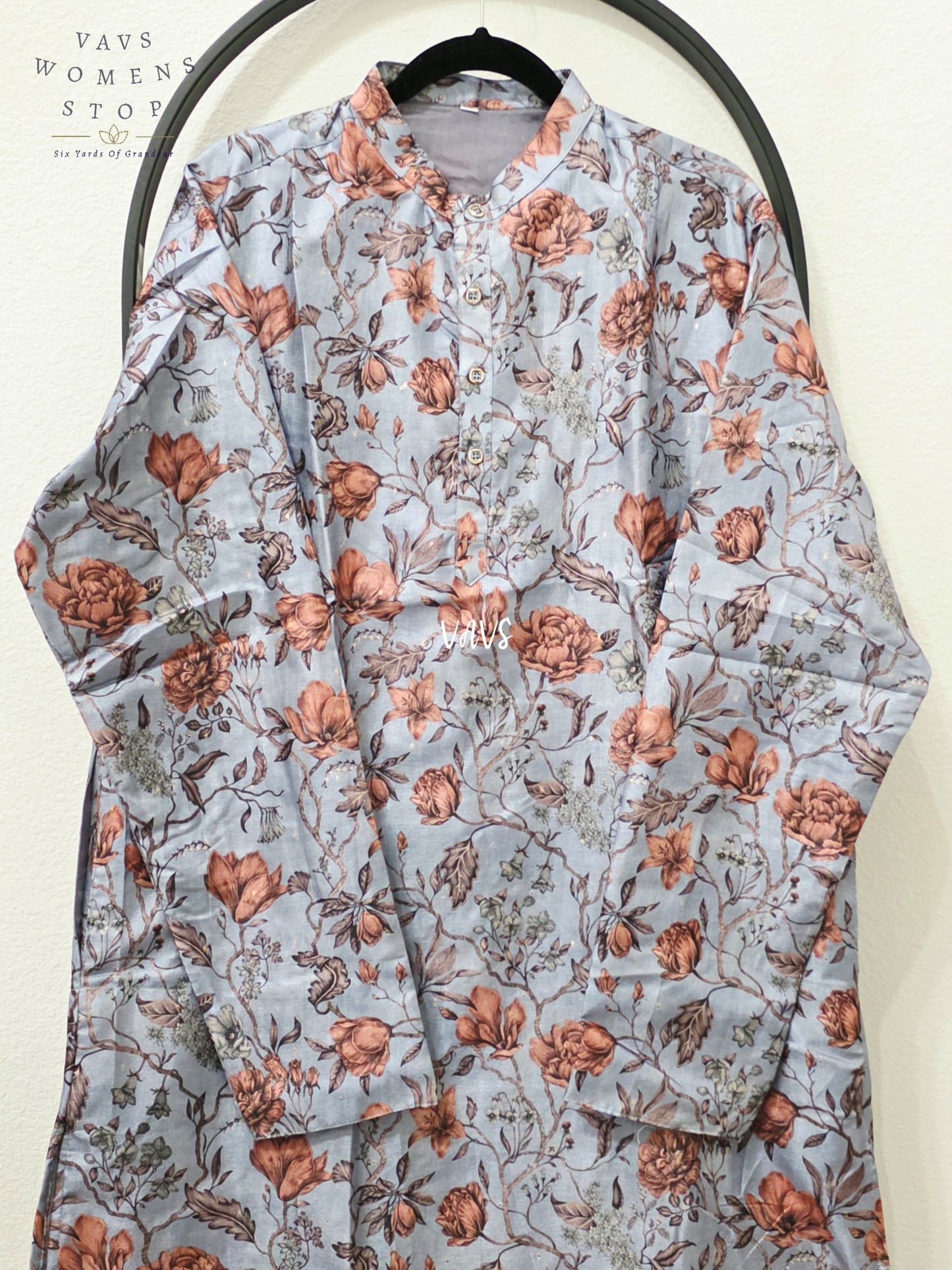 Men’s Powder Blue Tussar Silk Kalamkari Floral Kurta – XXL
