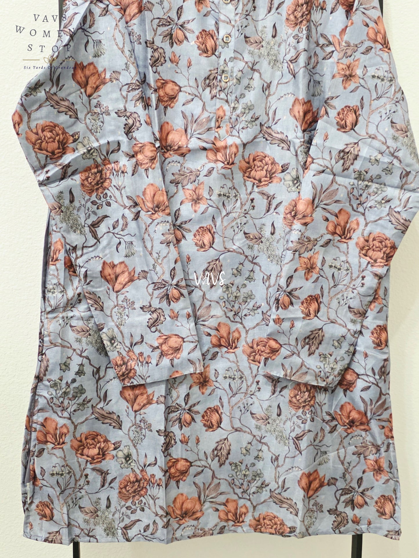 Men’s Powder Blue Tussar Silk Kalamkari Floral Kurta – XXL