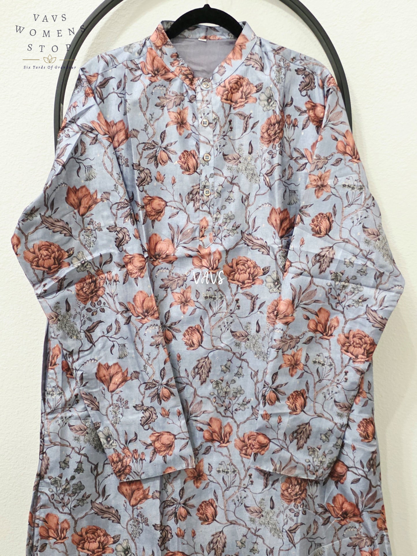 Men’s Powder Blue Tussar Silk Kalamkari Floral Kurta – XXL