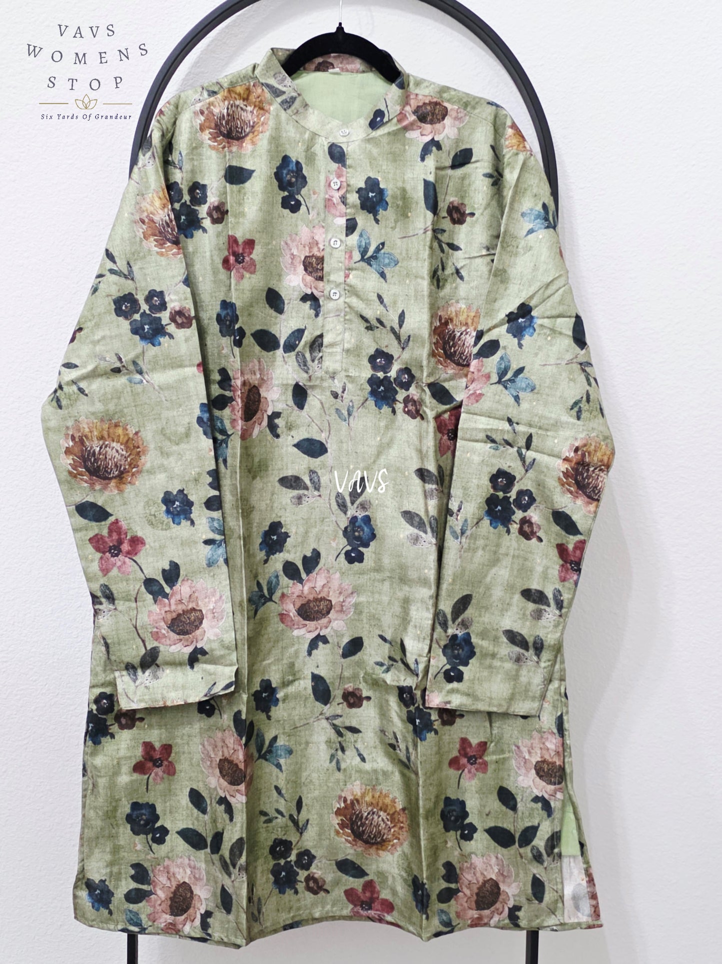 Men’s Sage Green Tussar Silk Kalamkari Floral Kurta – XXL