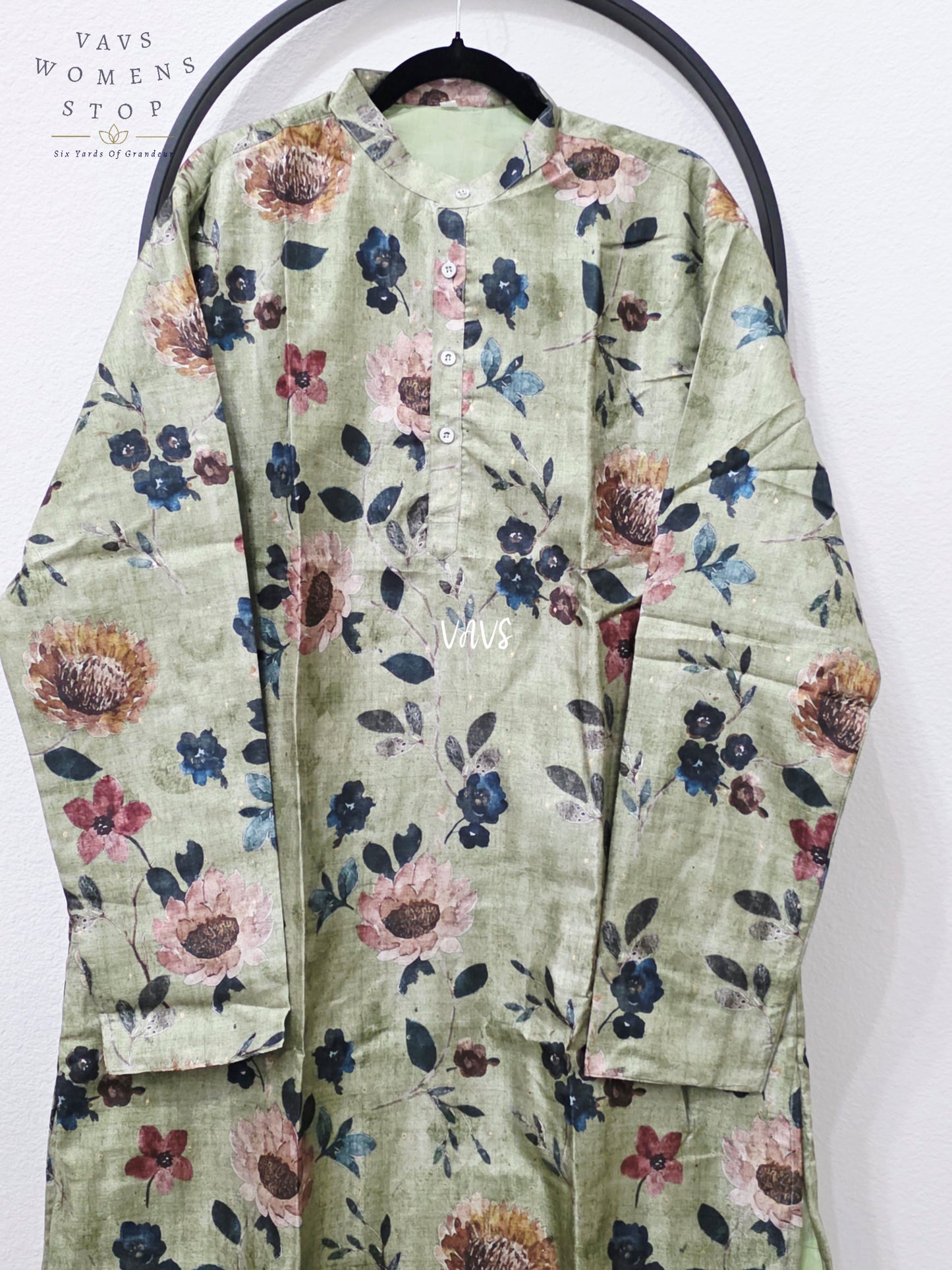Men’s Sage Green Tussar Silk Kalamkari Floral Kurta – XXL