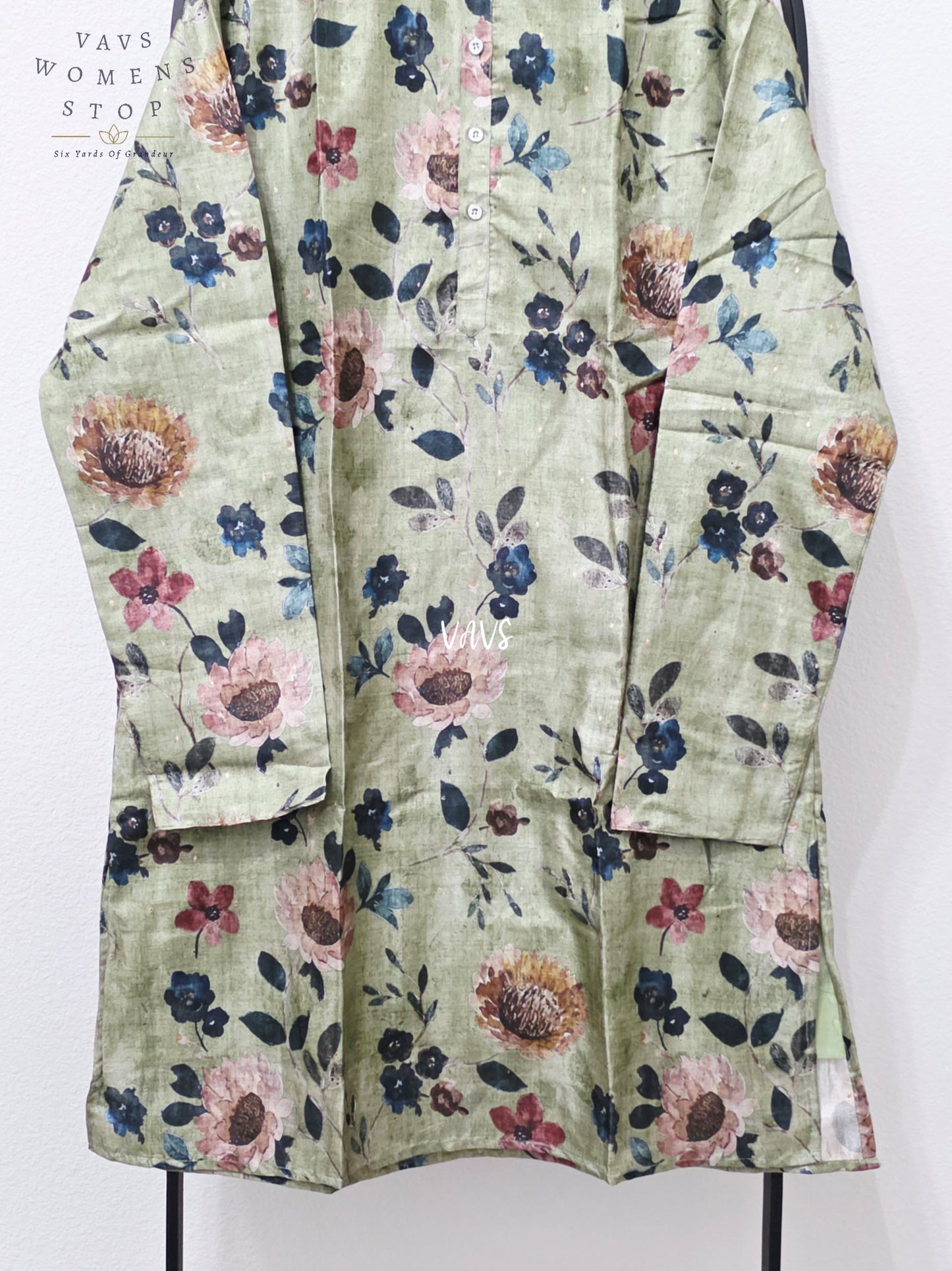 Men’s Sage Green Tussar Silk Kalamkari Floral Kurta – XXL
