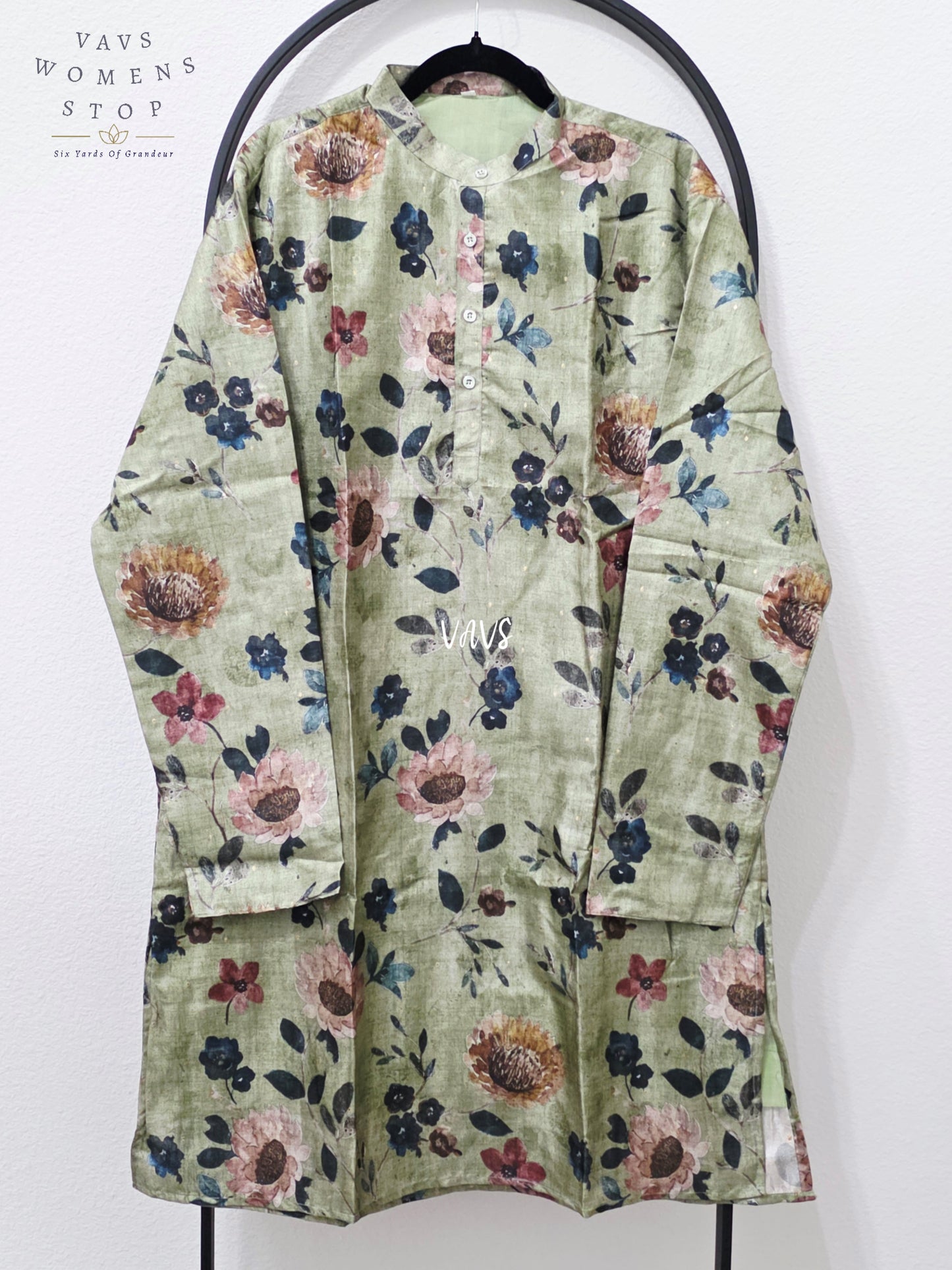 Men’s Sage Green Tussar Silk Kalamkari Floral Kurta – XXL