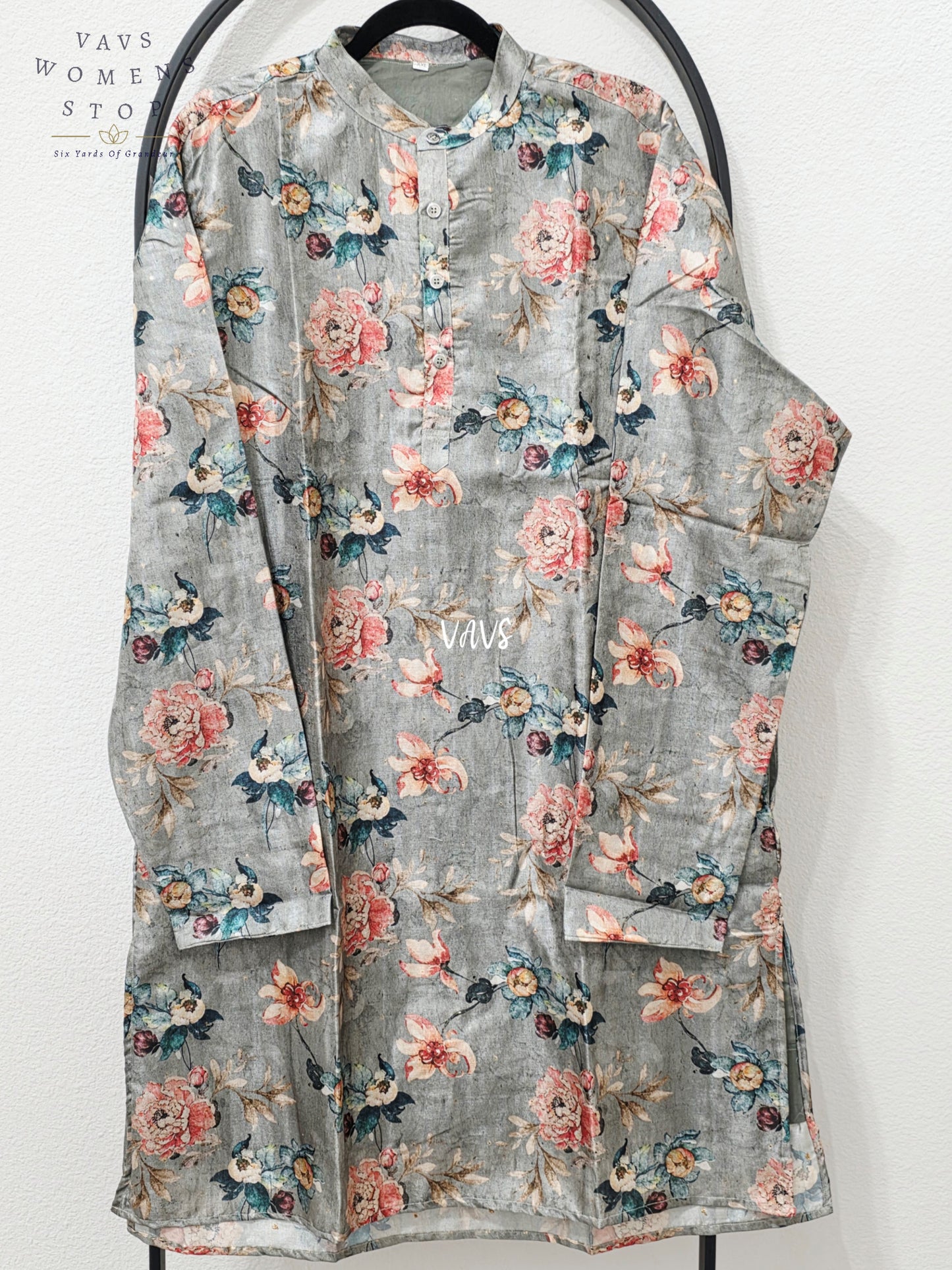 Men’s Muted Sage Green Tussar Silk Kalamkari Floral Kurta – XXL