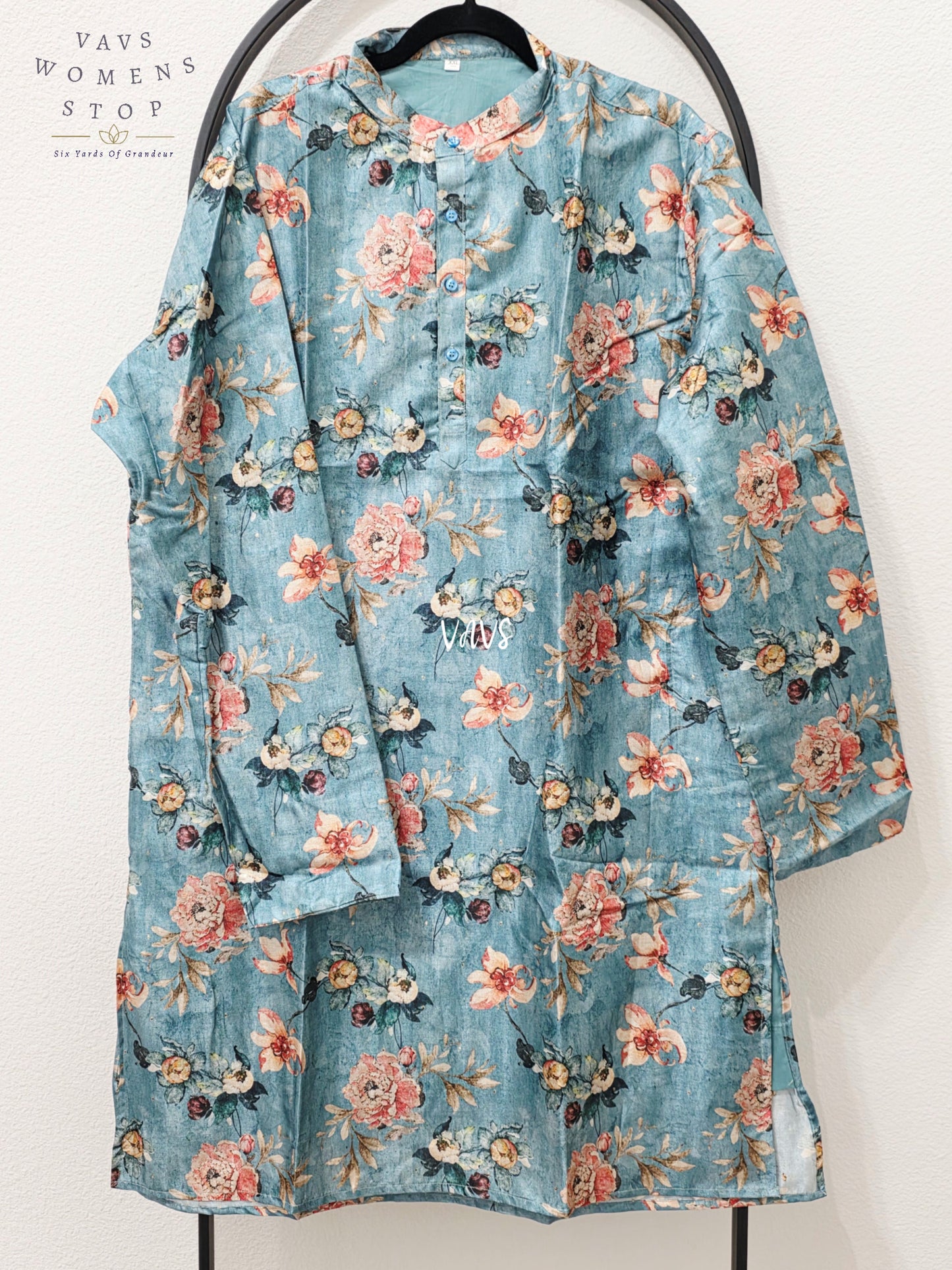 Men’s Peacock Teal Tussar Silk Kalamkari Floral Kurta – XXL