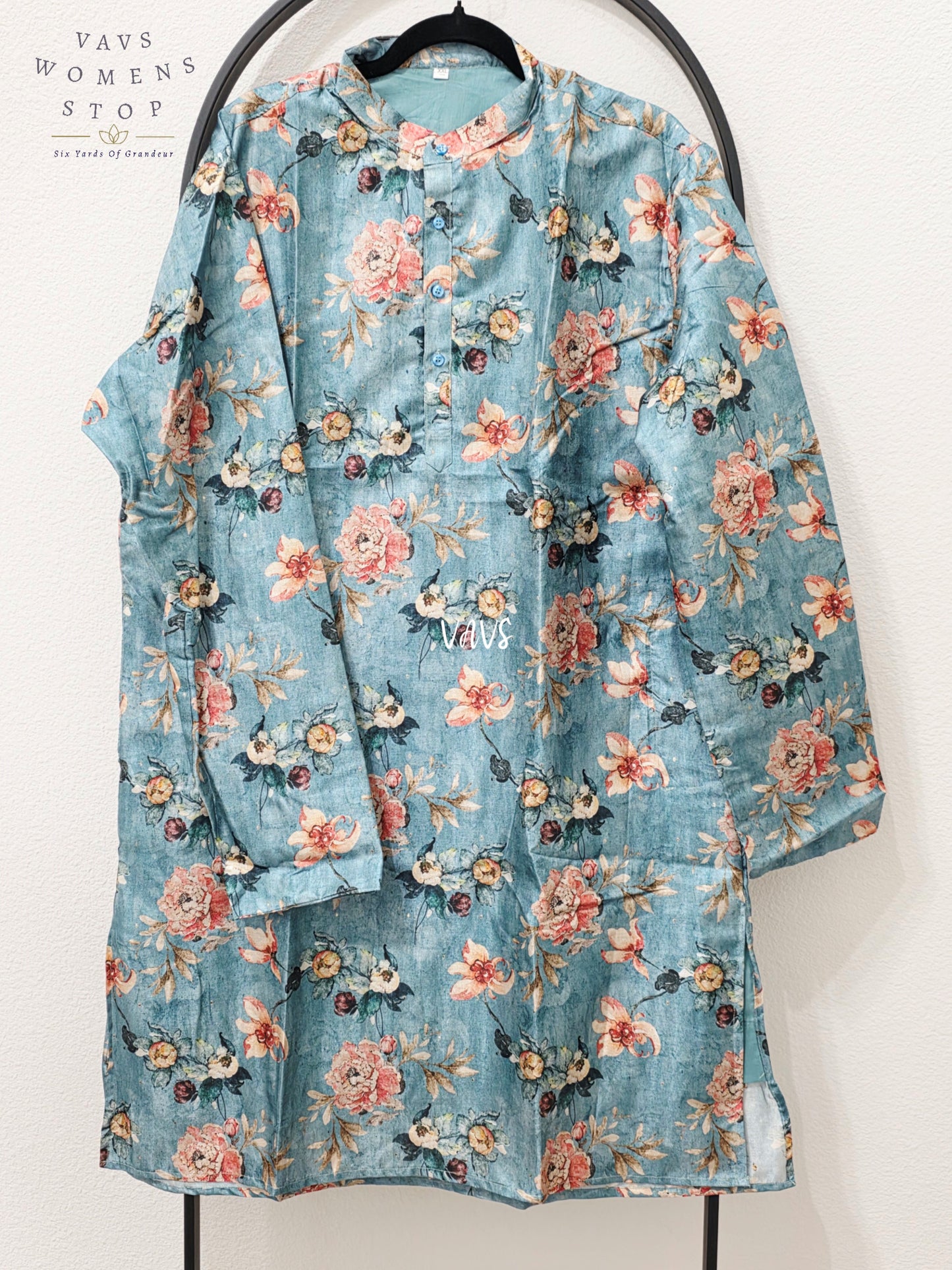 Men’s Peacock Teal Tussar Silk Kalamkari Floral Kurta – XXL