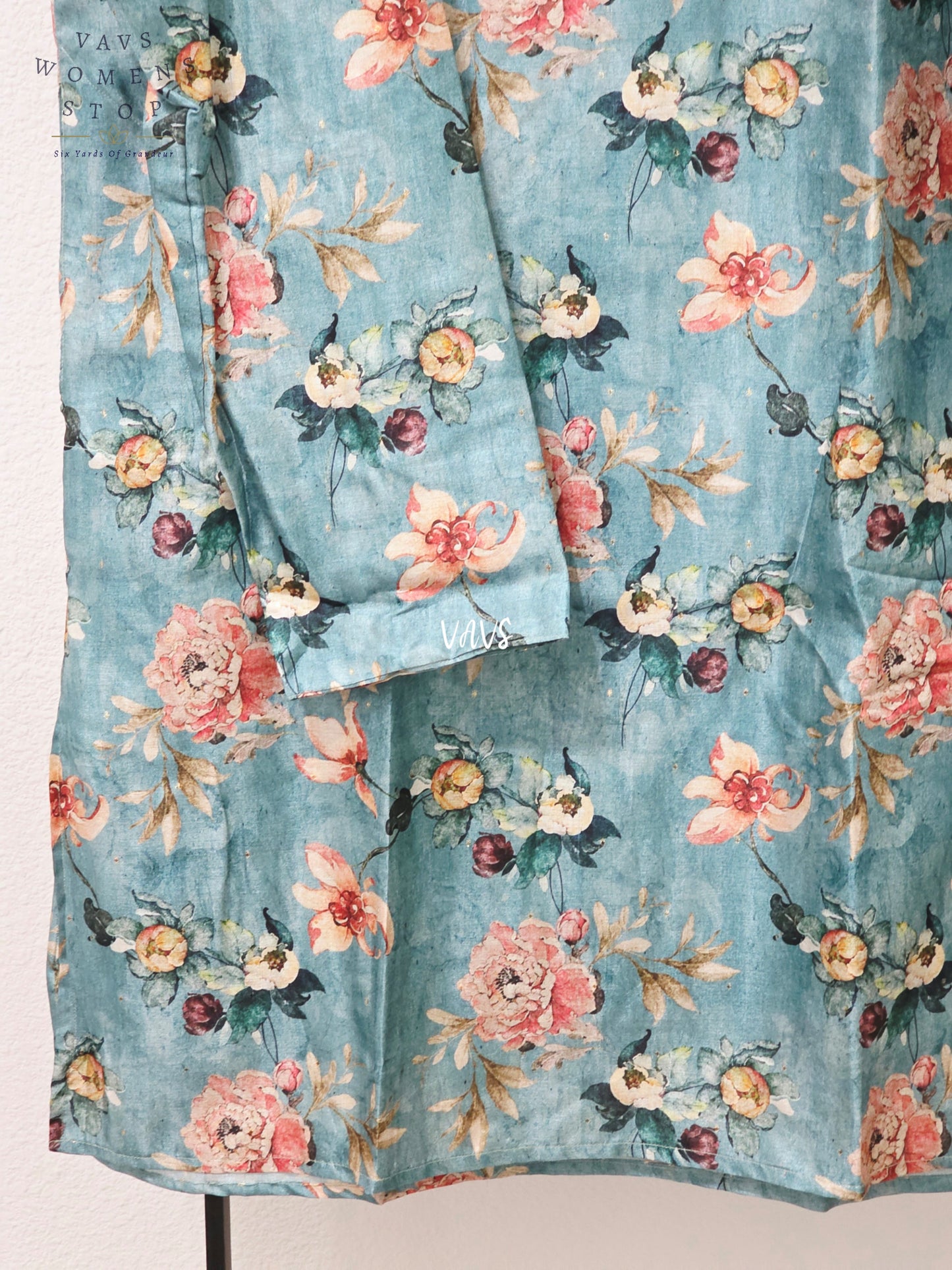 Men’s Peacock Teal Tussar Silk Kalamkari Floral Kurta – XXL