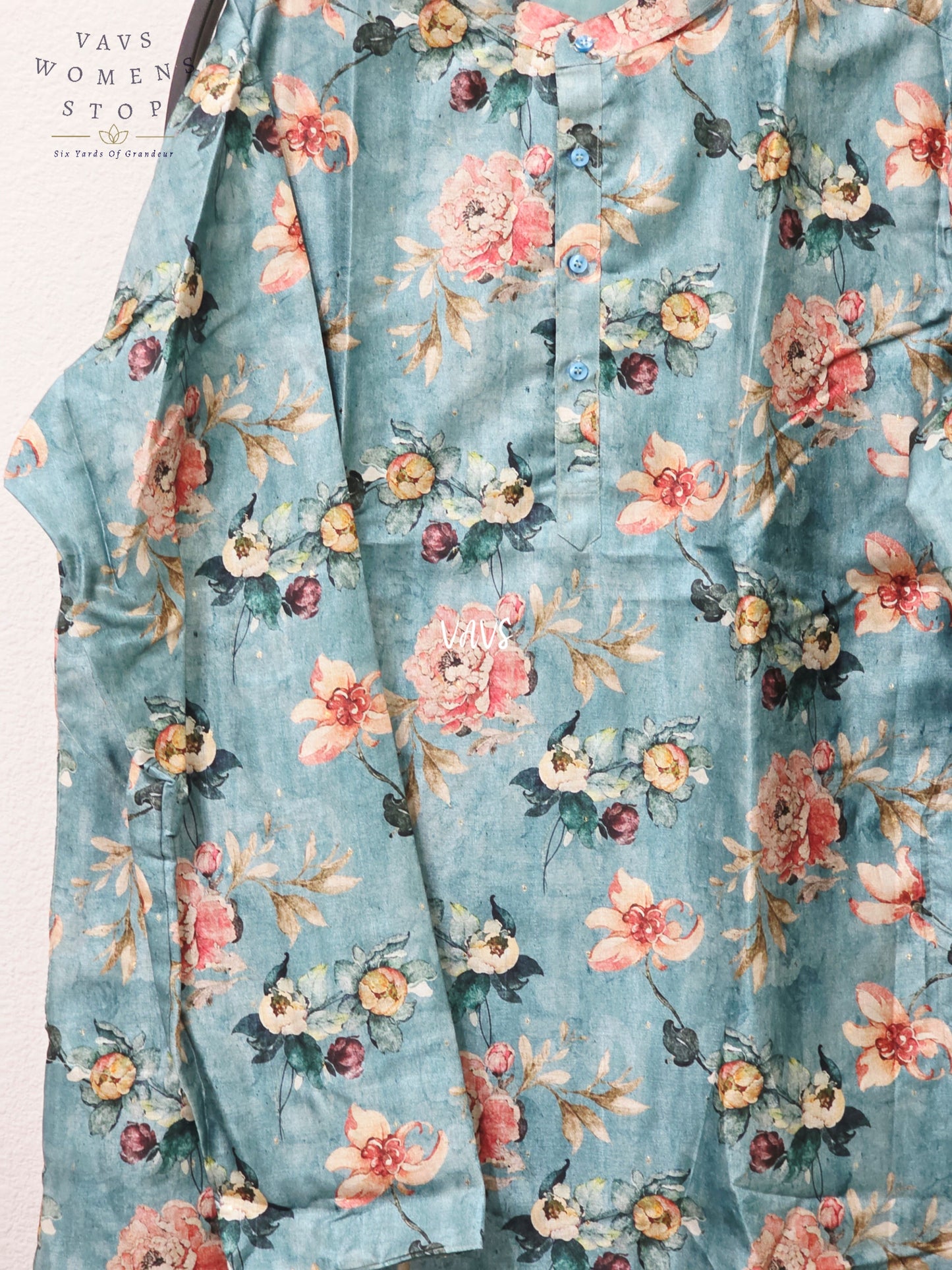 Men’s Peacock Teal Tussar Silk Kalamkari Floral Kurta – XXL