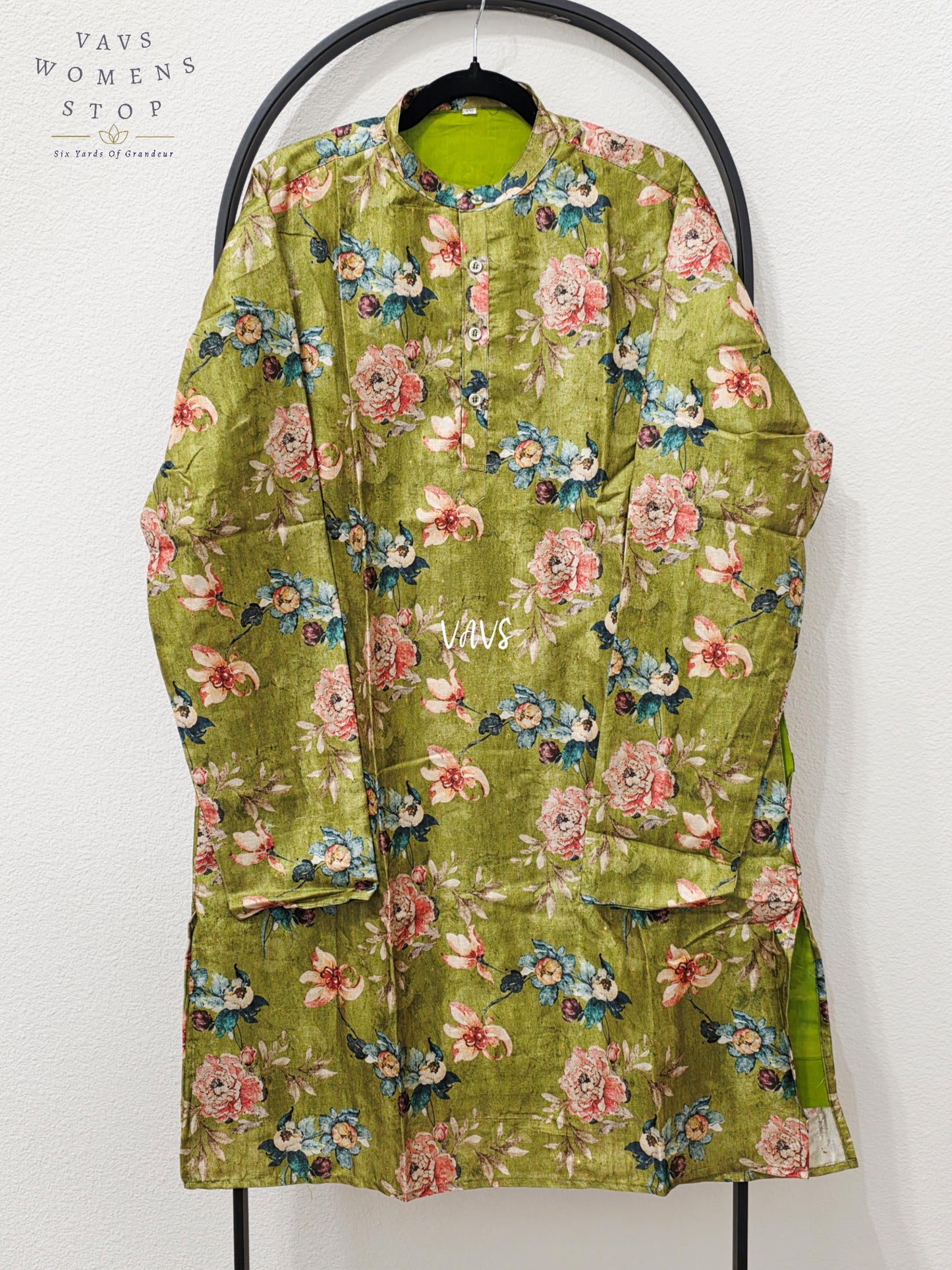 Men’s Olive Green Tussar Silk Kalamkari Floral Kurta – XXL