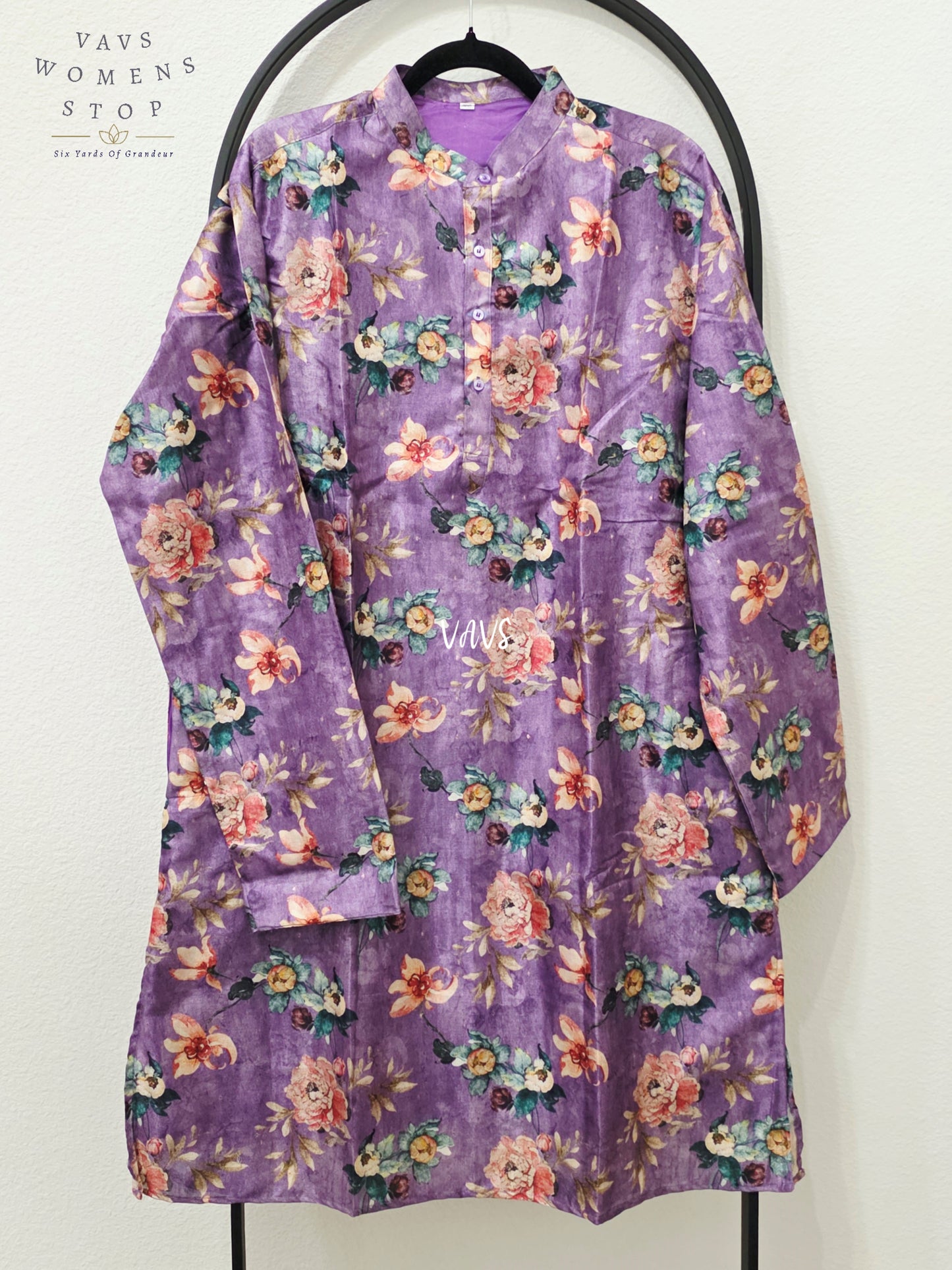 Men’s Dusty Amethyst Purple Tussar Silk Kalamkari Floral Kurta – XXL