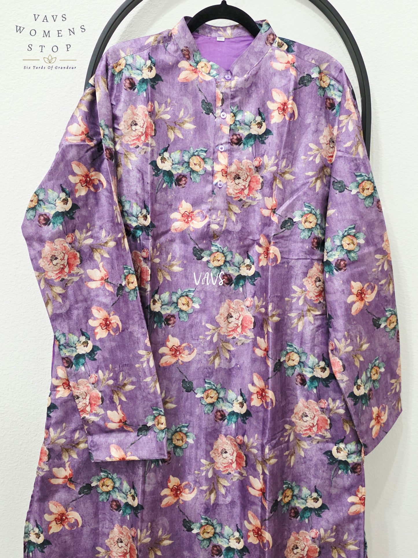 Men’s Dusty Amethyst Purple Tussar Silk Kalamkari Floral Kurta – XXL