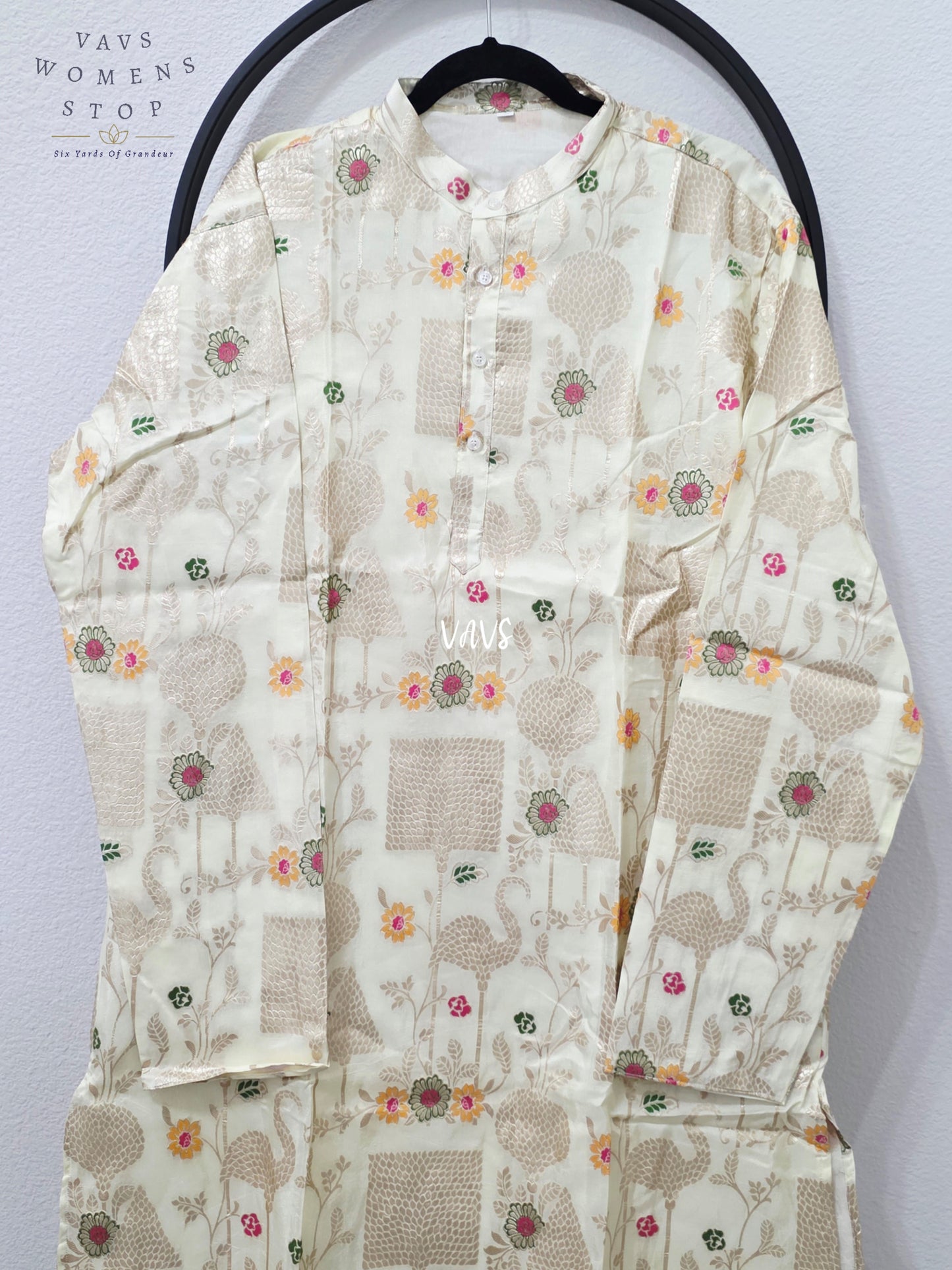 Royal Pearl Ivory & Champagne Gold Soft Banarasi Silk Floral Men’s Designer Kurta – Size XXL
