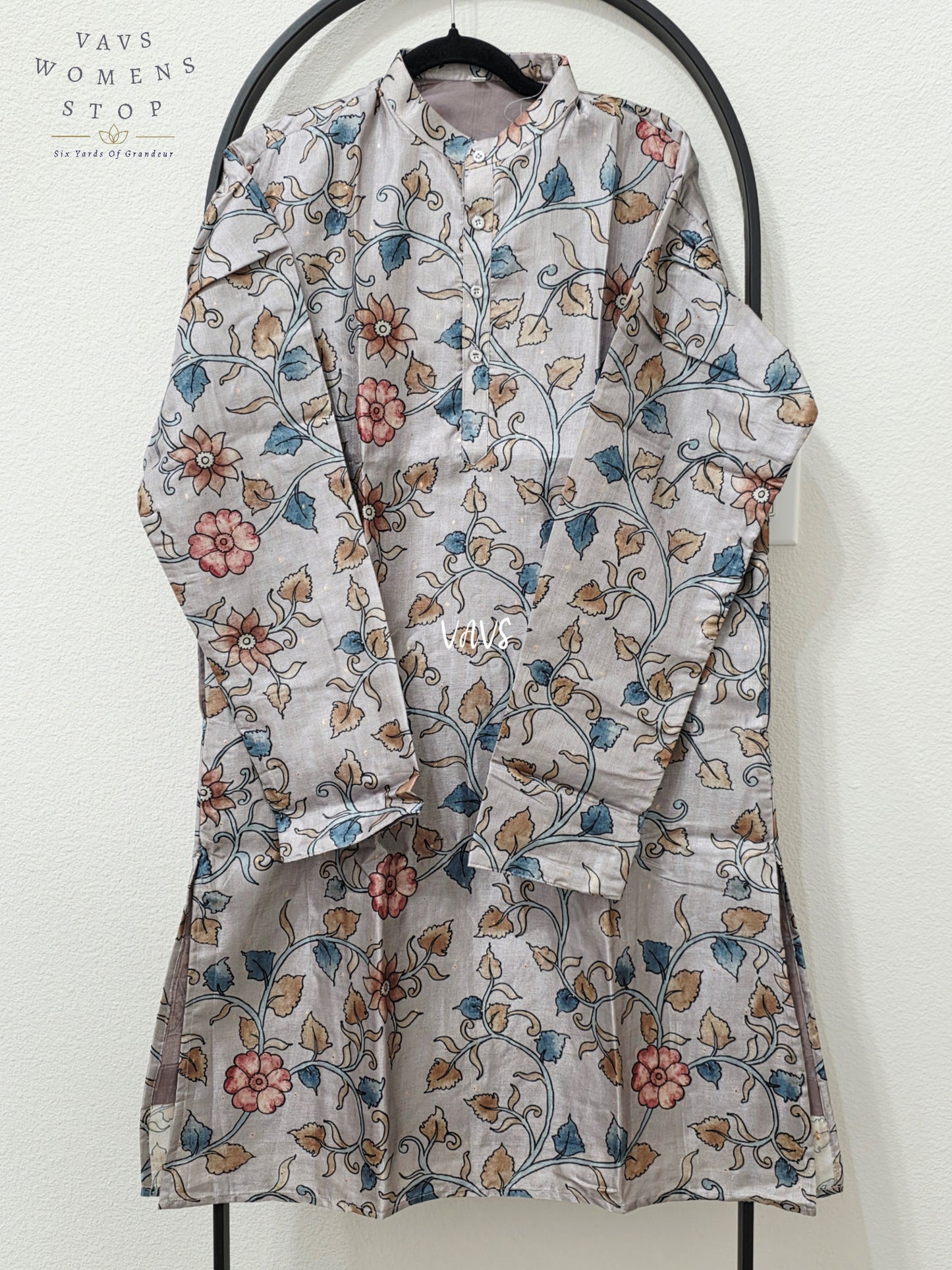 Men’s Lavender Mist Grey Tussar Silk Kalamkari Floral Kurta – XL