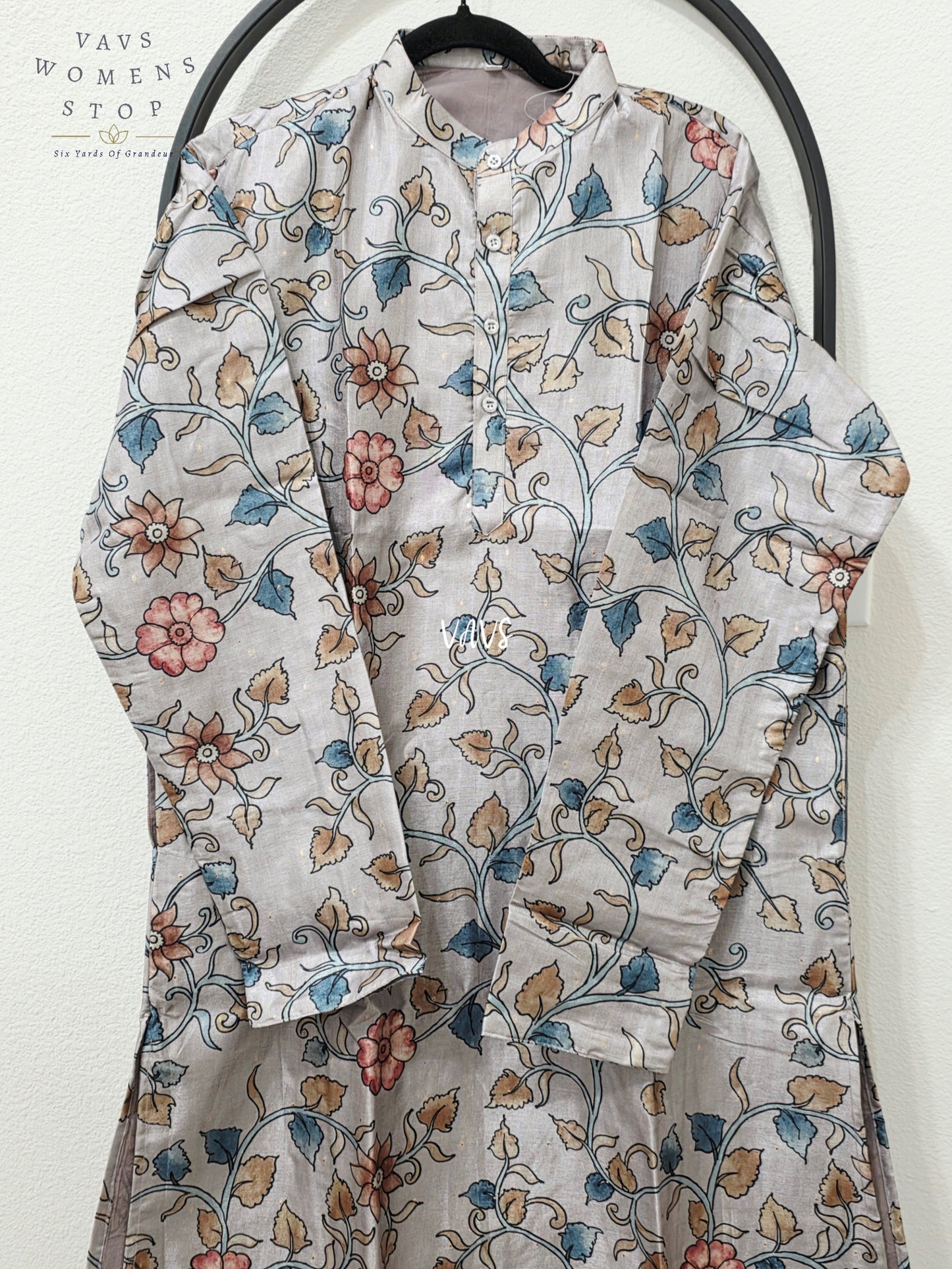 Men’s Lavender Mist Grey Tussar Silk Kalamkari Floral Kurta – XL