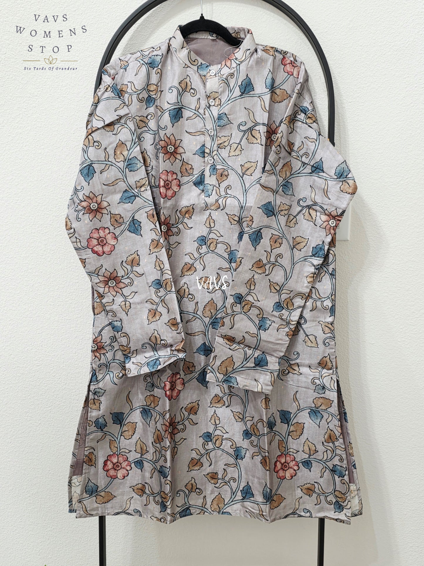 Men’s Lavender Mist Grey Tussar Silk Kalamkari Floral Kurta – XL