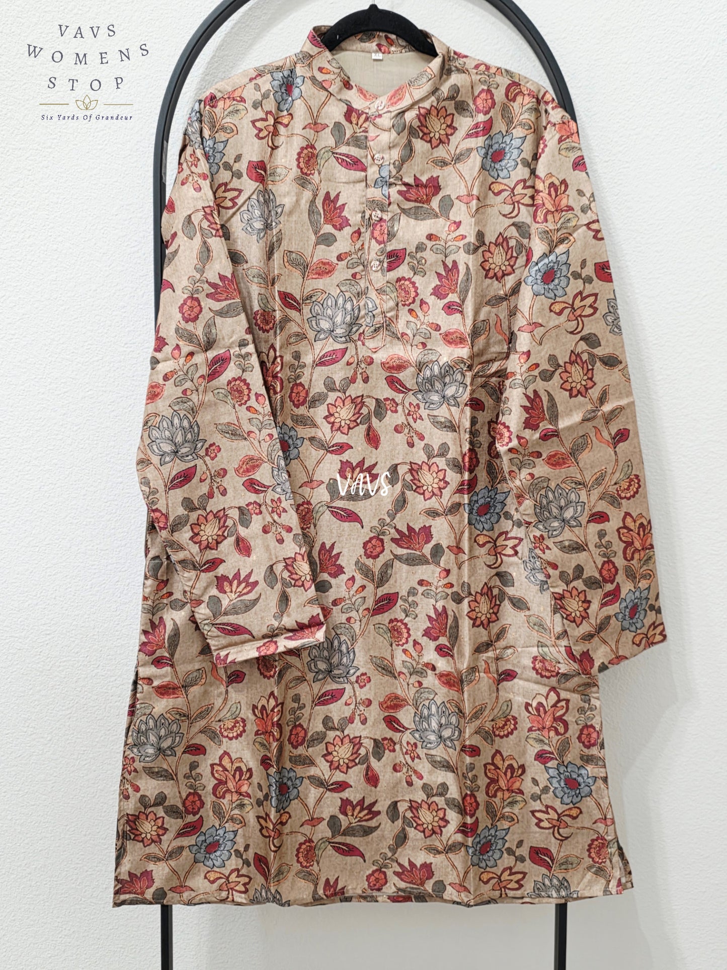 Men’s Antique Champagne Taupe Tussar Silk Kalamkari Floral Kurta – XL