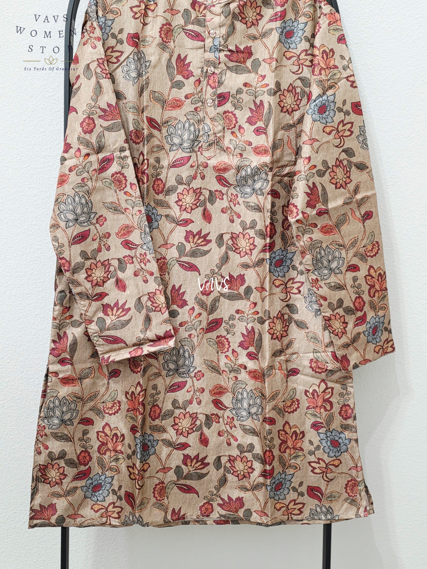 Men’s Antique Champagne Taupe Tussar Silk Kalamkari Floral Kurta – XL